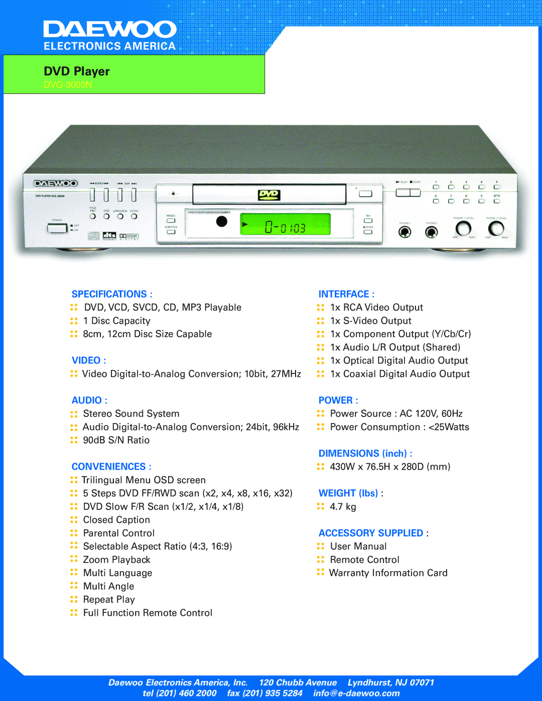 Daewoo DVG-3000N manual Specifications Interface, Video, Audio Power, Conveniences, Accessory Supplied 