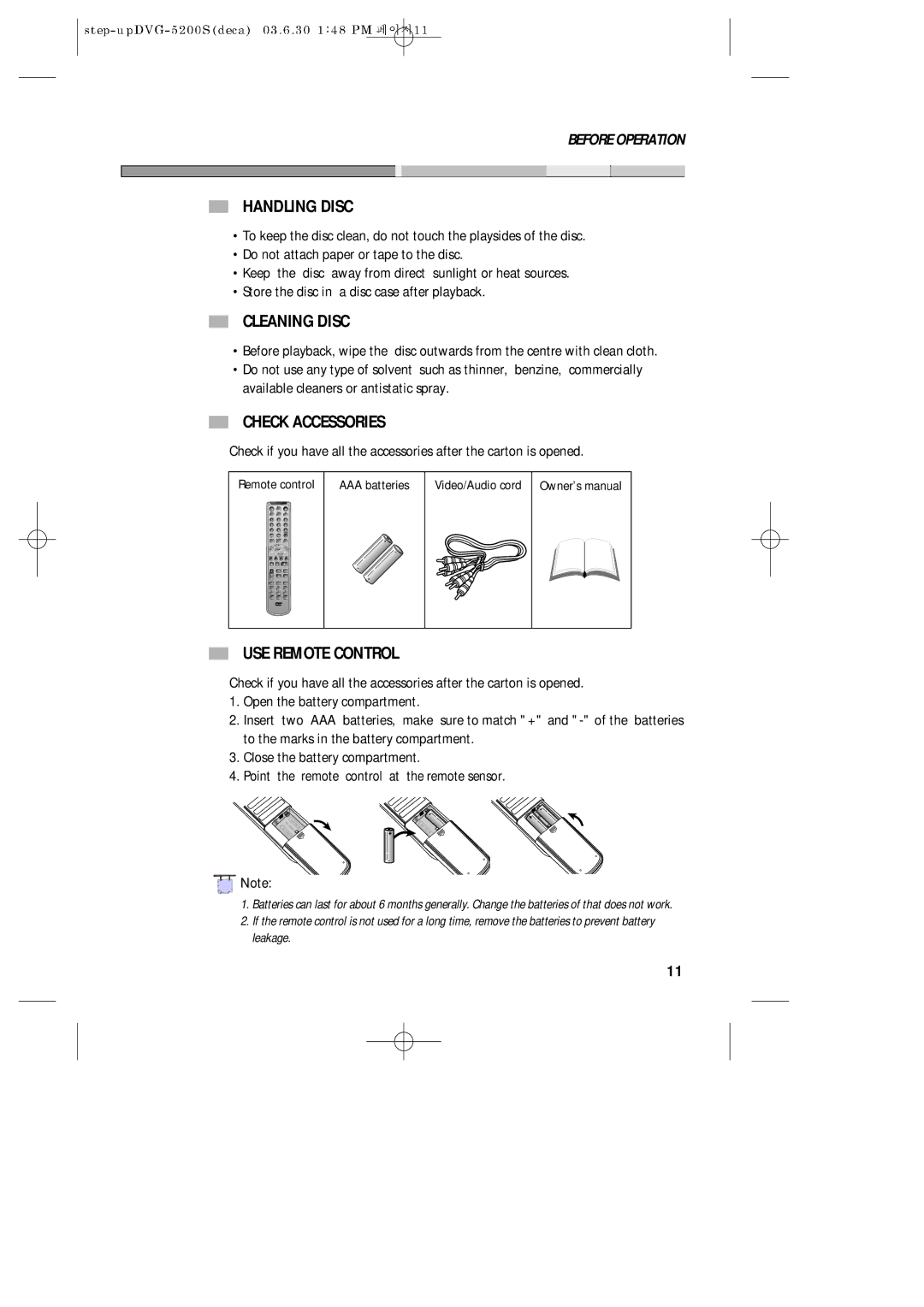 Daewoo DVG-5200S owner manual Handling Disc, Cleaning Disc, Check Accessories, USE Remote Control 