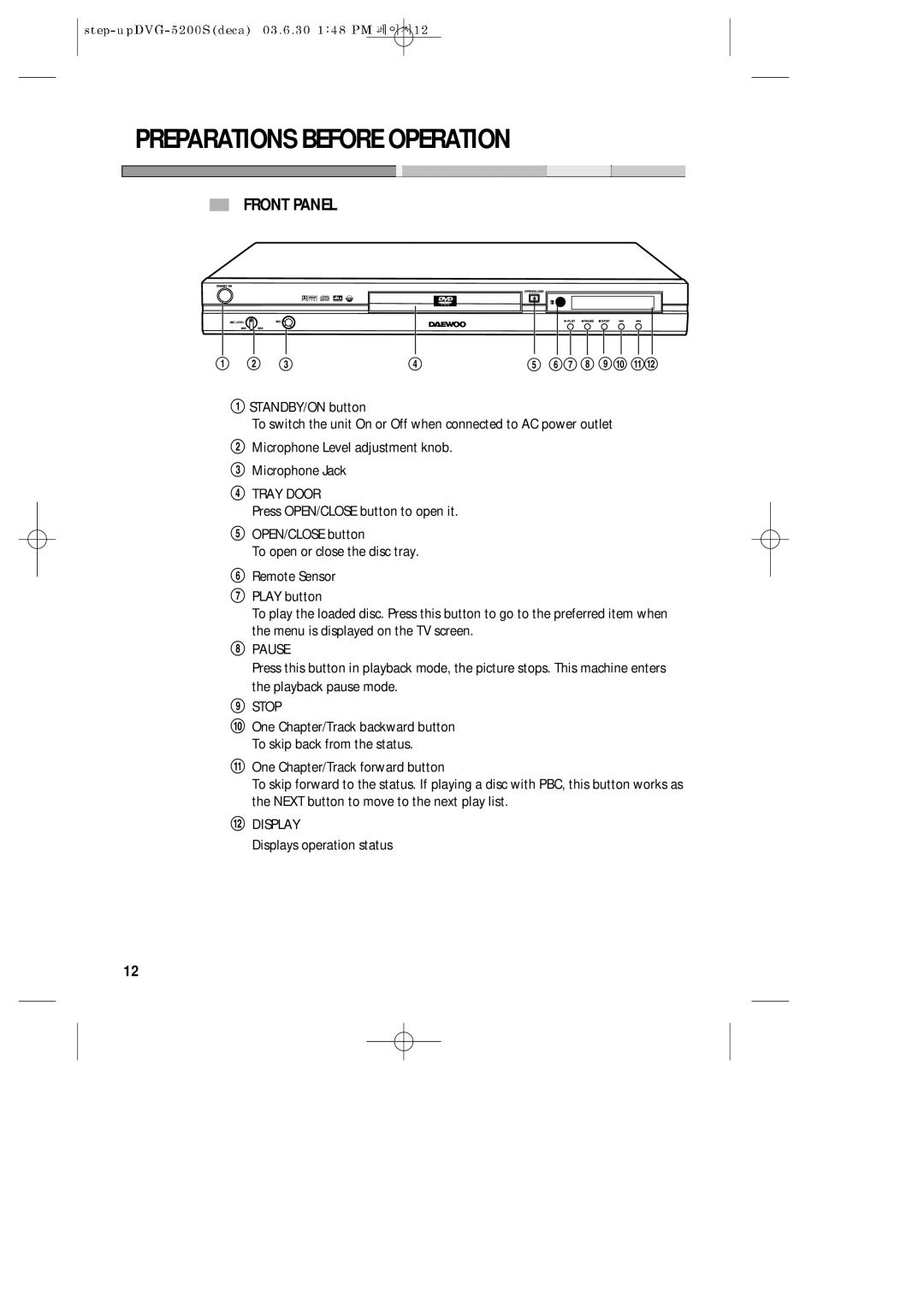 Daewoo DVG-5200S owner manual Preparations Before Operation, Front Panel, Displays operation status 