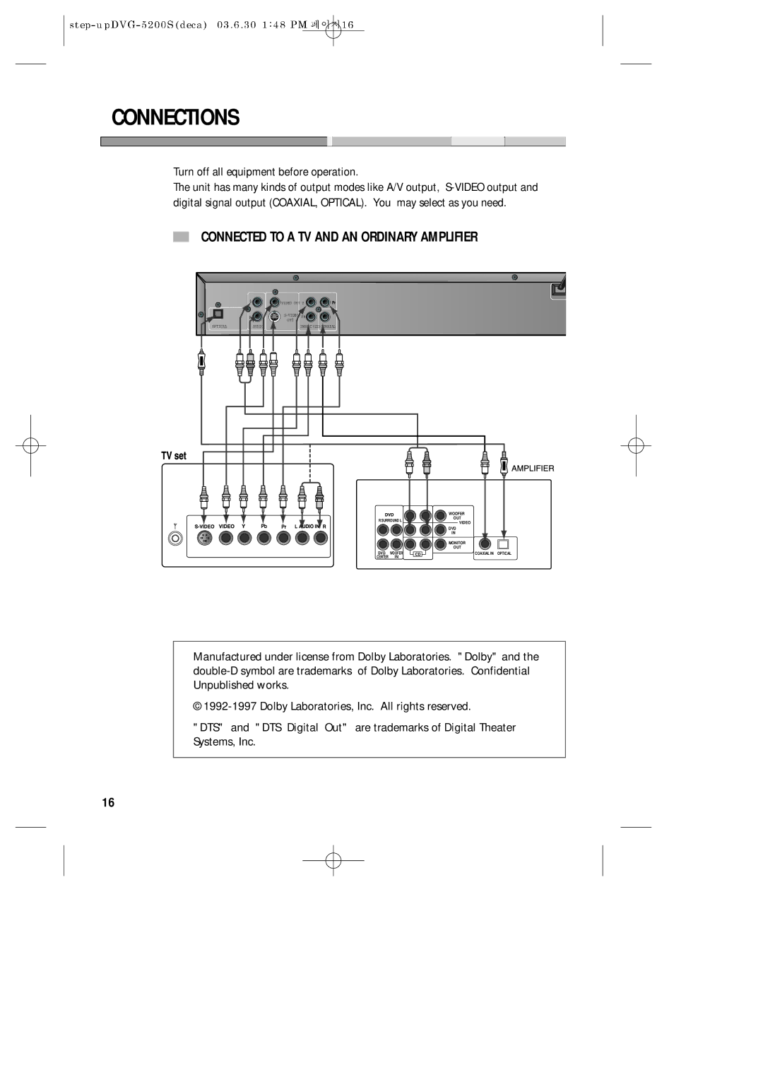 Daewoo DVG-5200S Connections, Connected to a TV and AN Ordinary Amplifier, Turn off all equipment before operation 