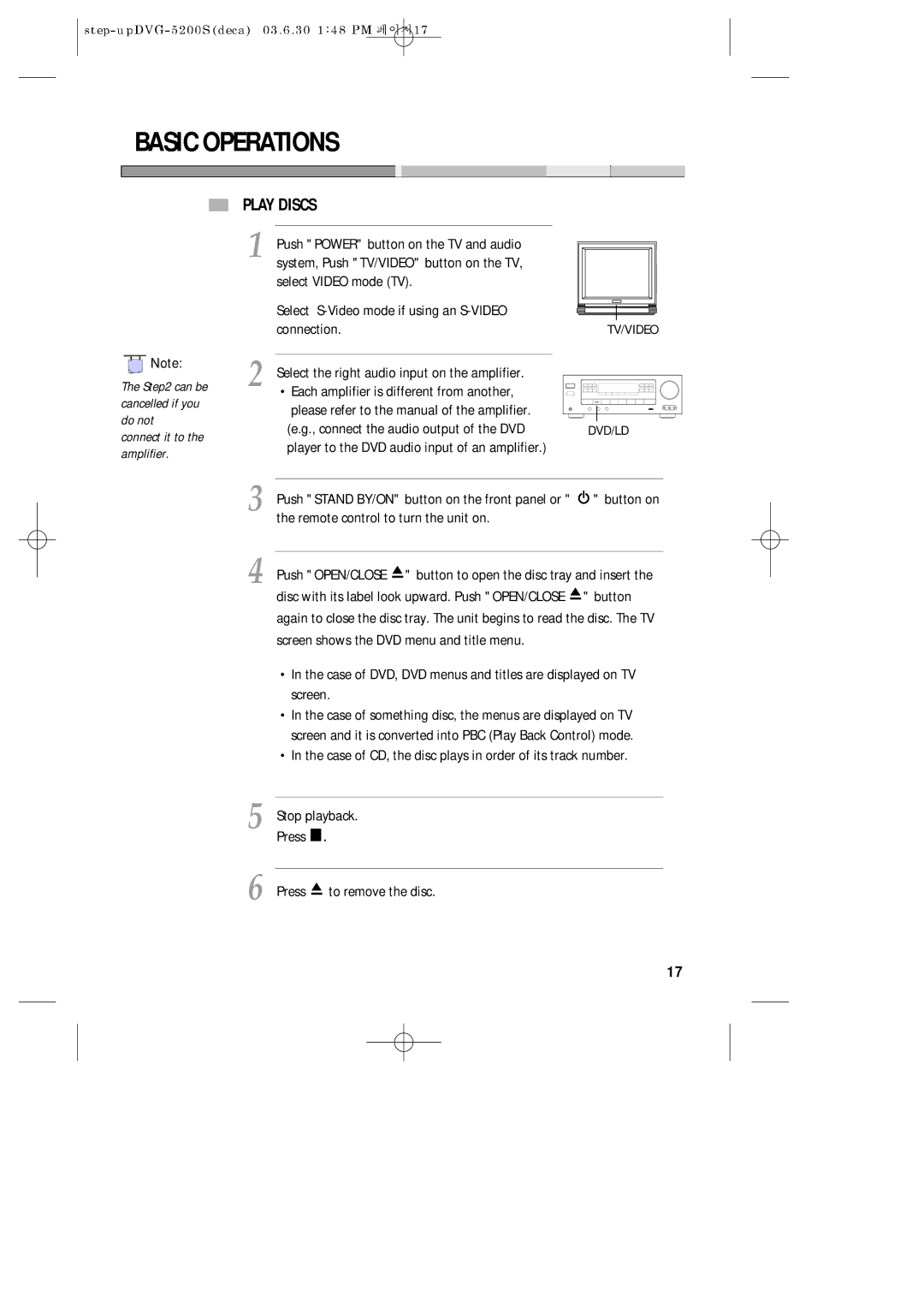 Daewoo DVG-5200S owner manual Basic Operations, Play Discs, Remote control to turn the unit on, Button, To remove the disc 