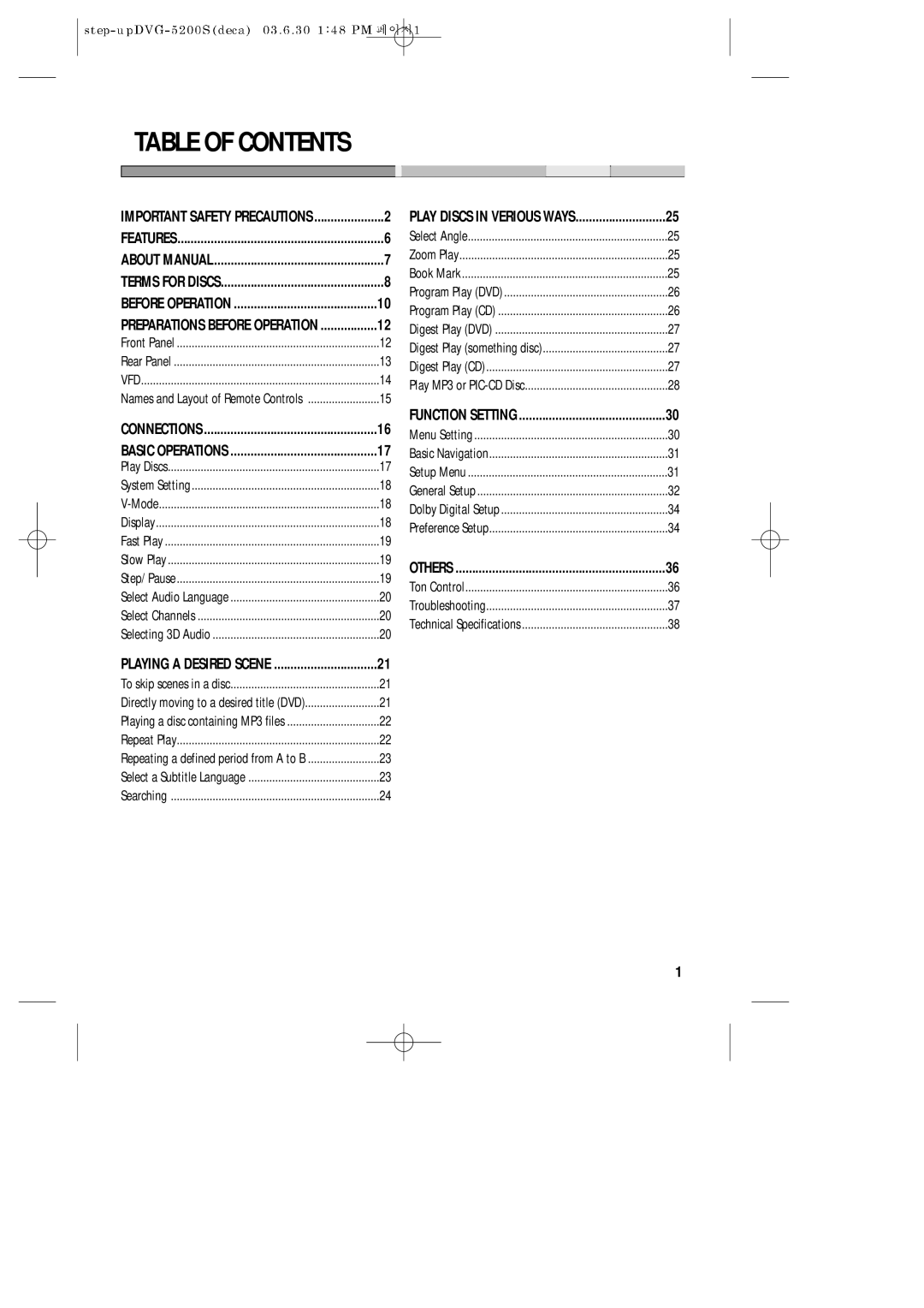 Daewoo DVG-5200S owner manual Table of Contents 