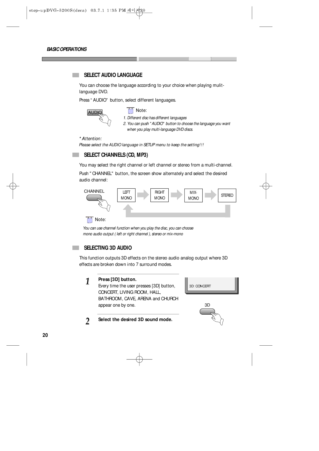 Daewoo DVG-5200S Select Audio Language, Select Channels CD, MP3, Selecting 3D Audio, Press 3D button, Appear one by one 