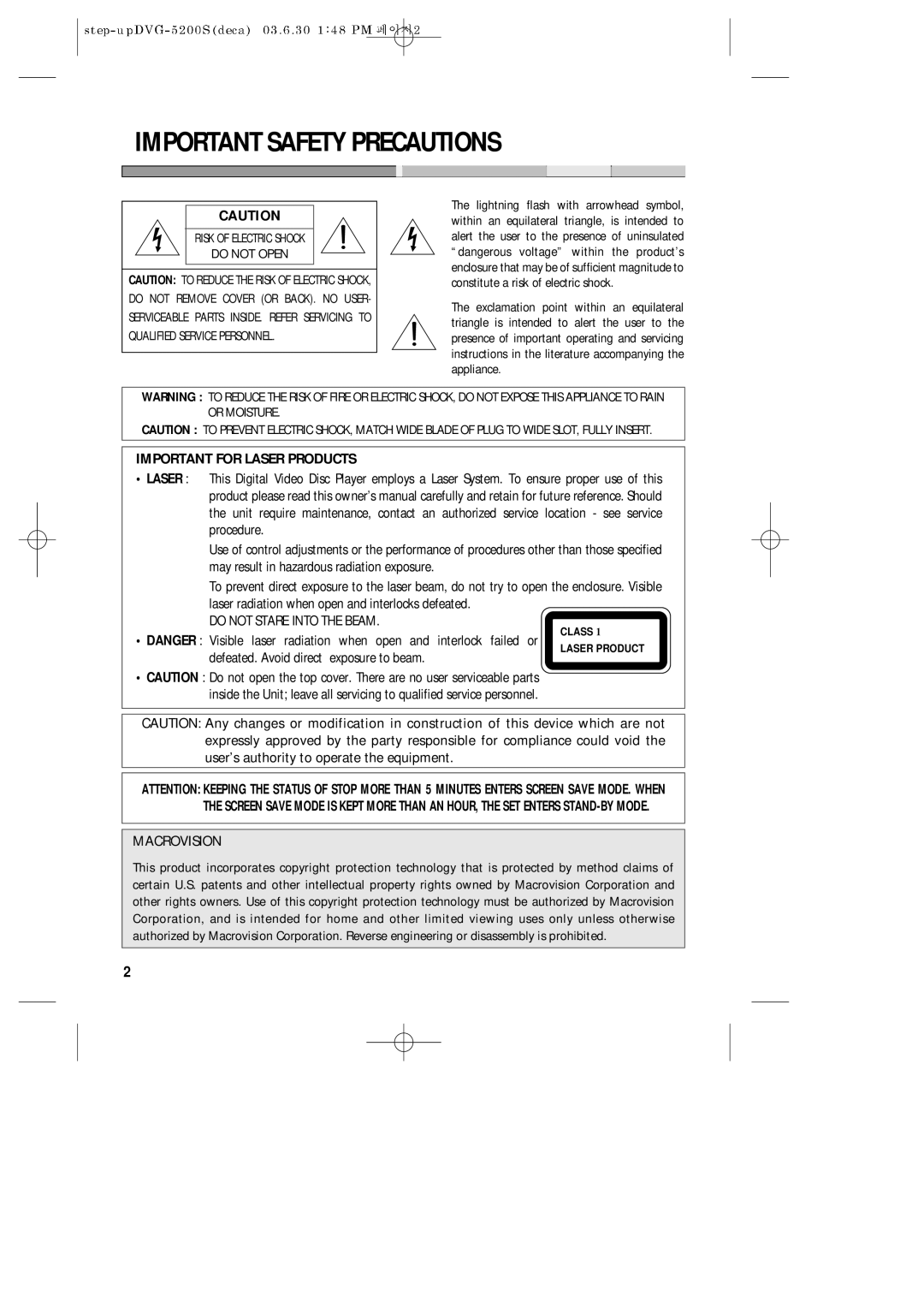 Daewoo DVG-5200S owner manual Important Safety Precautions, Important for Laser Products 