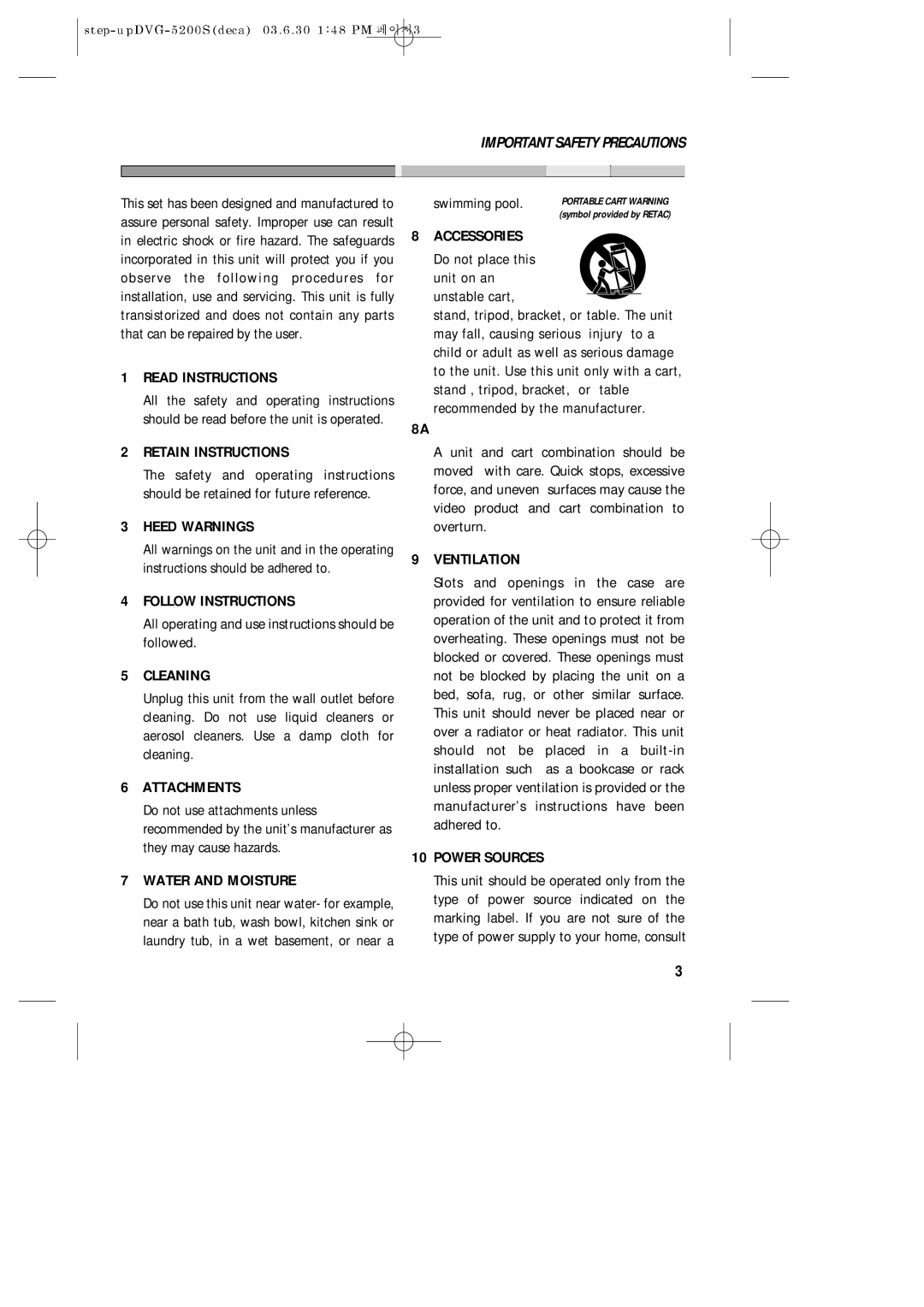 Daewoo DVG-5200S Read Instructions, Retain Instructions, Heed Warnings, Follow Instructions, Cleaning, Attachments 