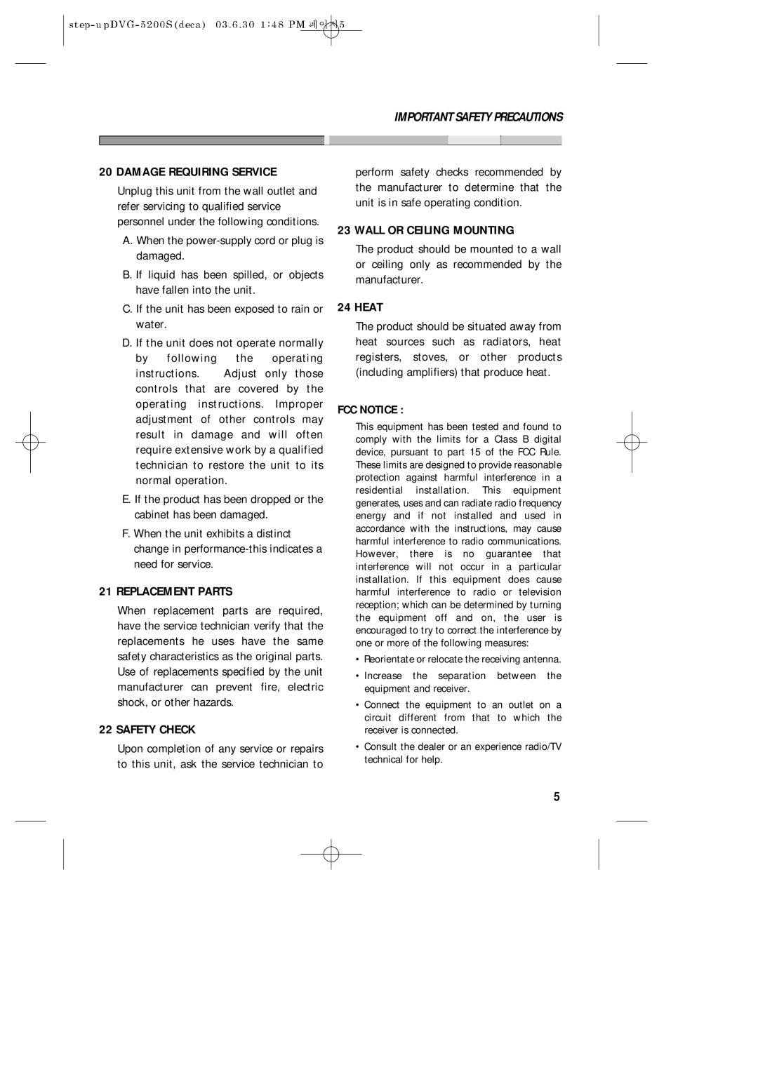 Daewoo DVG-5200S owner manual Damage Requiring Service, Replacement Parts, Safety Check, Wall or Ceiling Mounting, Heat 