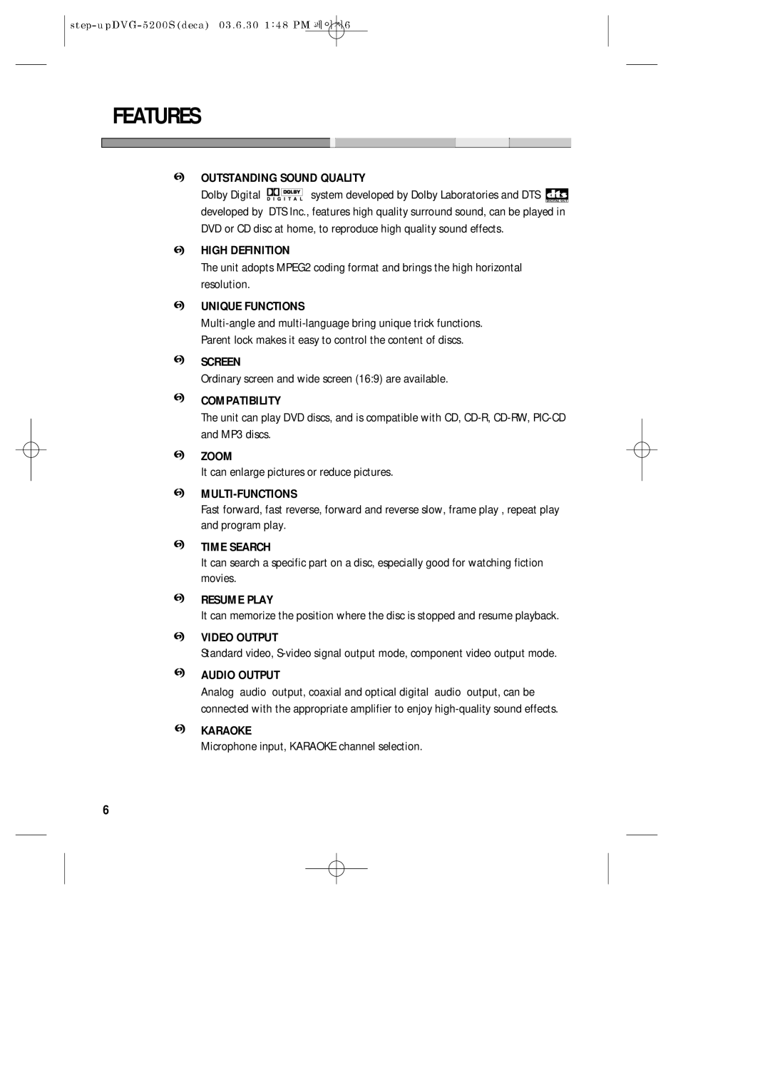 Daewoo DVG-5200S owner manual Features 