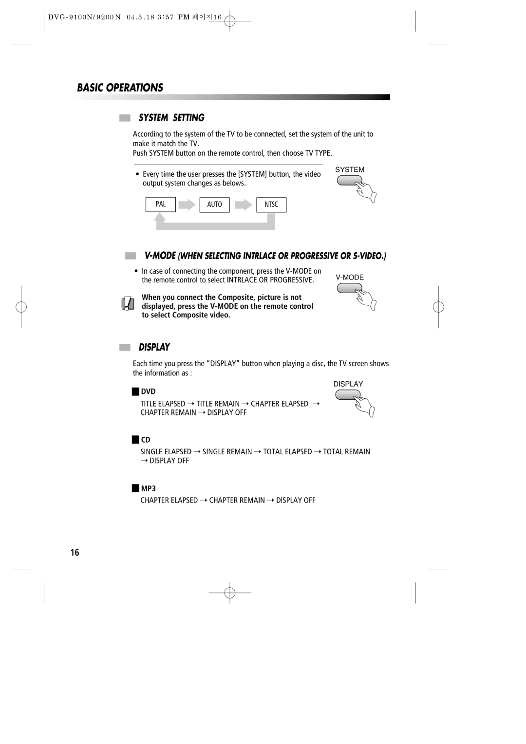 Daewoo DVG-9100N owner manual Basic Operations, System Setting, Display, Dvd, MP3 