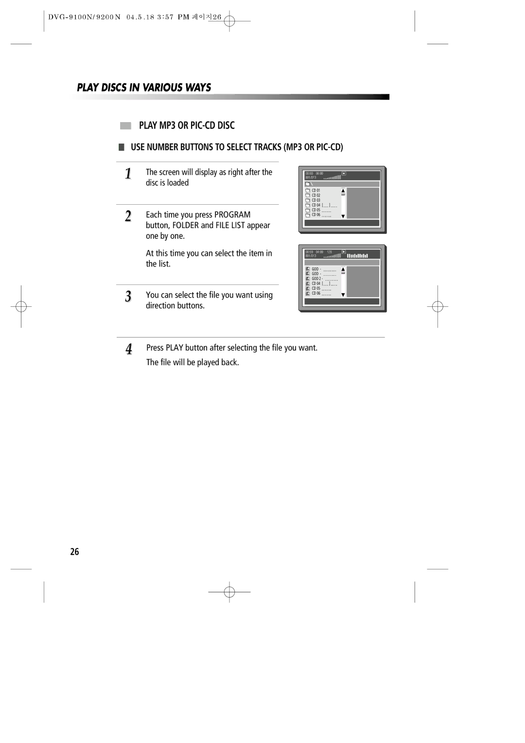 Daewoo DVG-9100N owner manual Play MP3 or PIC-CD Disc, USE Number Buttons to Select Tracks MP3 or PIC-CD 