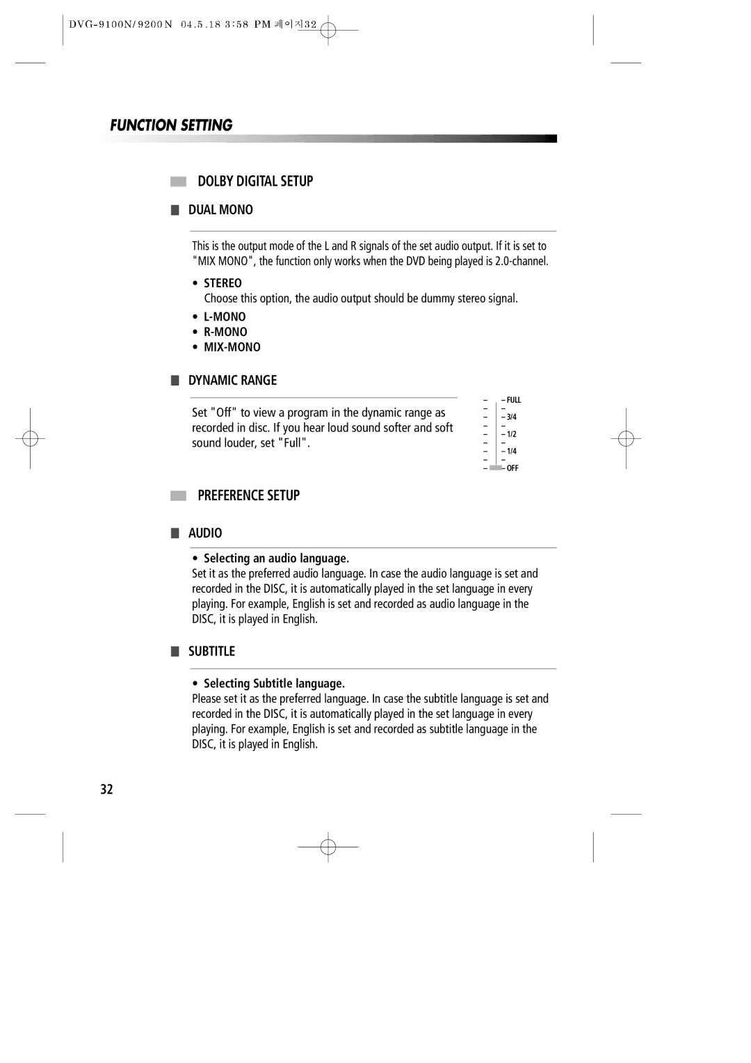 Daewoo DVG-9100N owner manual Dolby Digital Setup, Preference Setup 