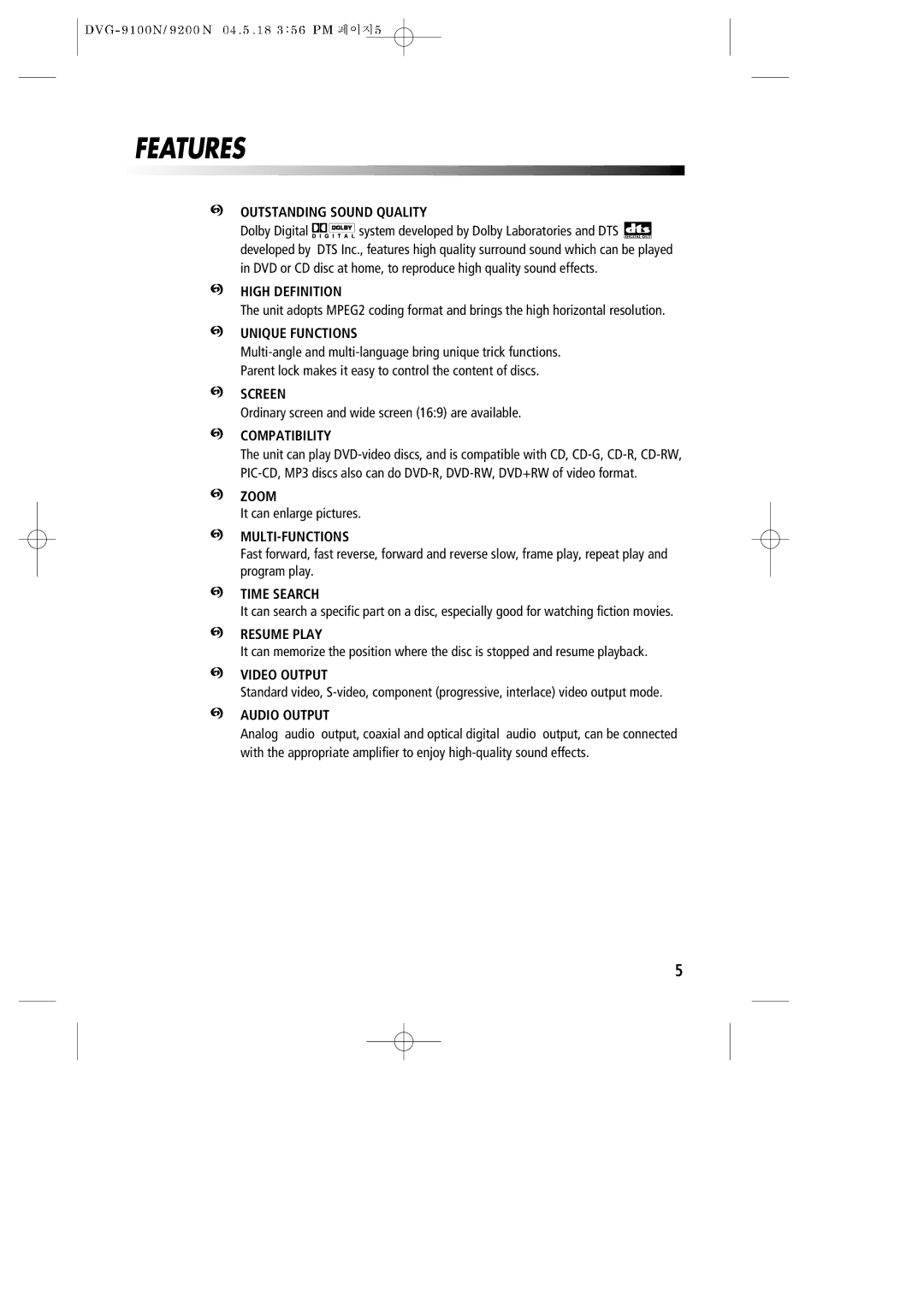 Daewoo DVG-9100N owner manual Features 