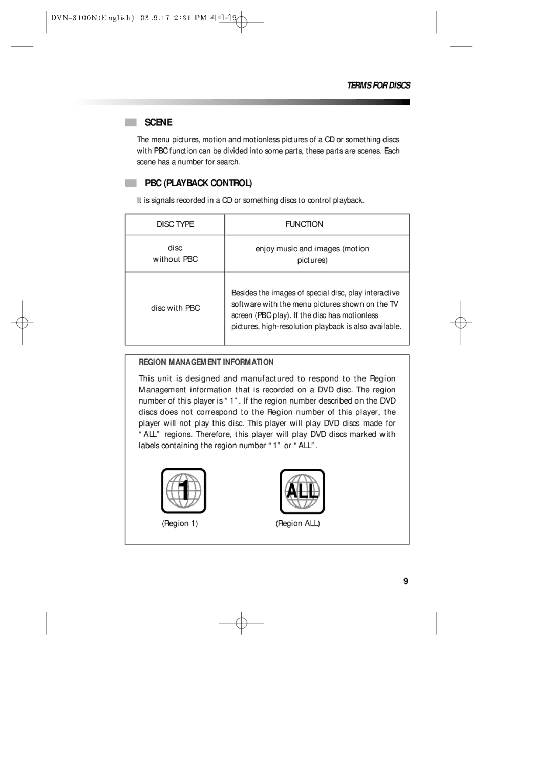 Daewoo DVN-3100N owner manual Scene, PBC Playback Control, Enjoy music and images motion, Pictures, Region 