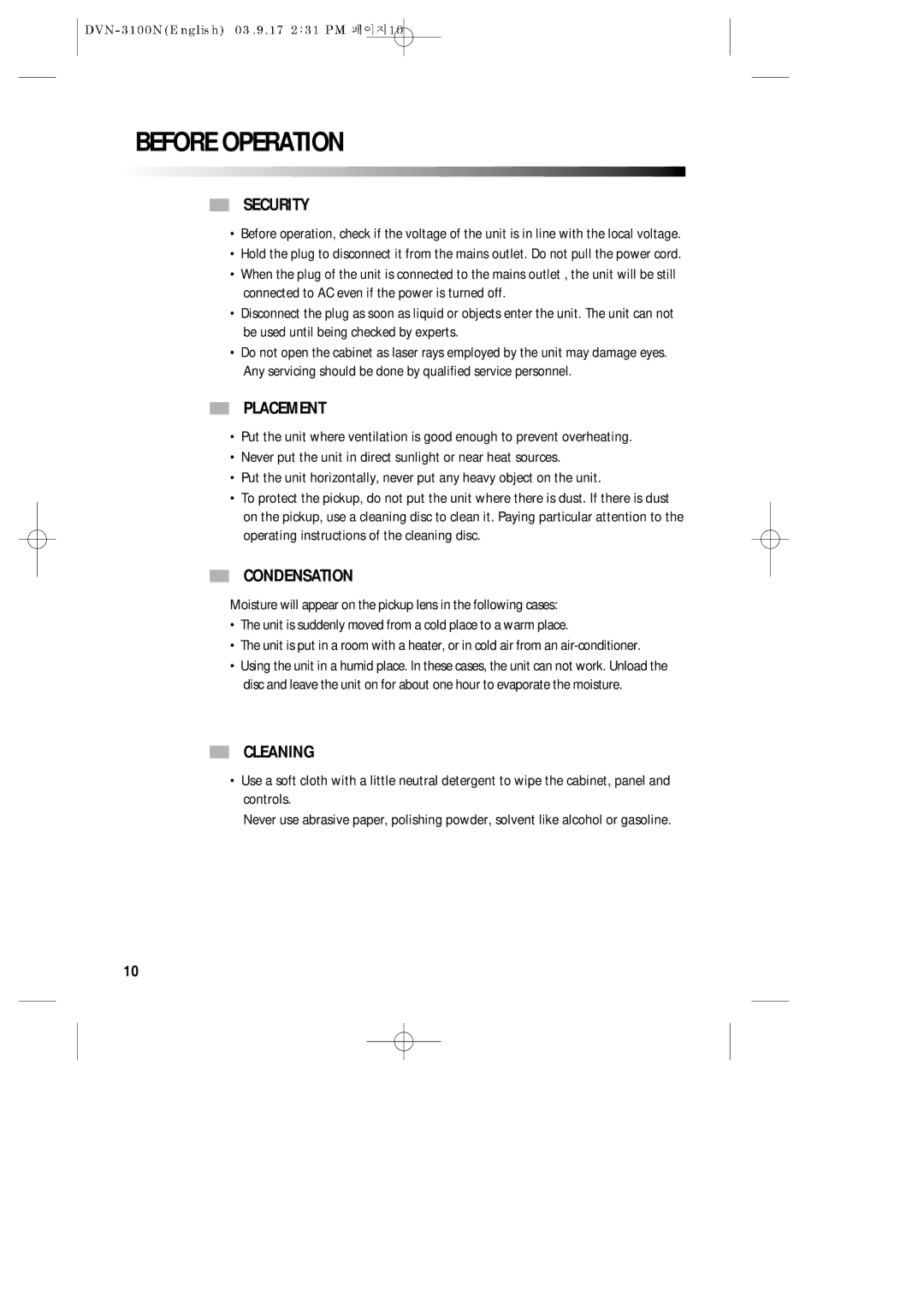 Daewoo DVN-3100N owner manual Before Operation, Security, Placement, Condensation, Cleaning 