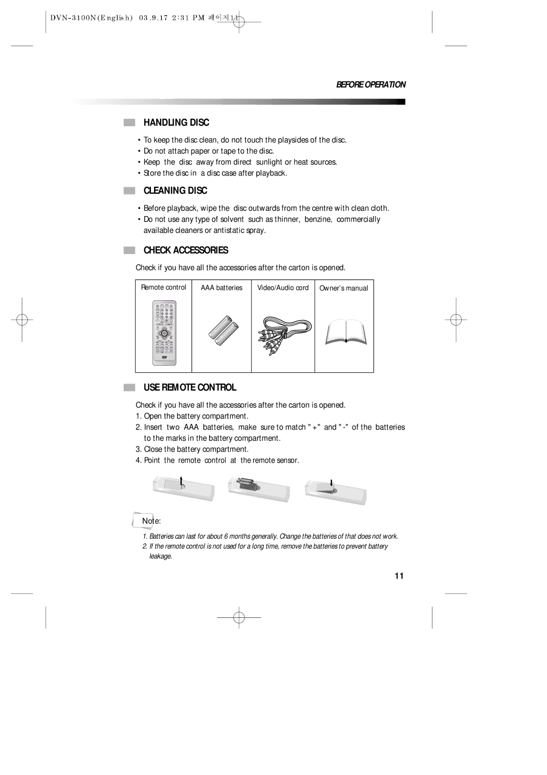 Daewoo DVN-3100N owner manual Handling Disc, Cleaning Disc, Check Accessories, USE Remote Control 