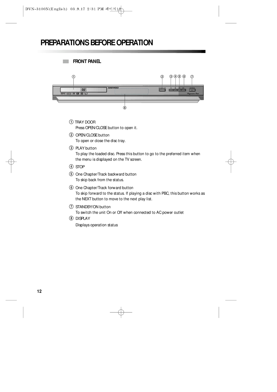 Daewoo DVN-3100N owner manual Preparations Before Operation, Front Panel, Displays operation status 