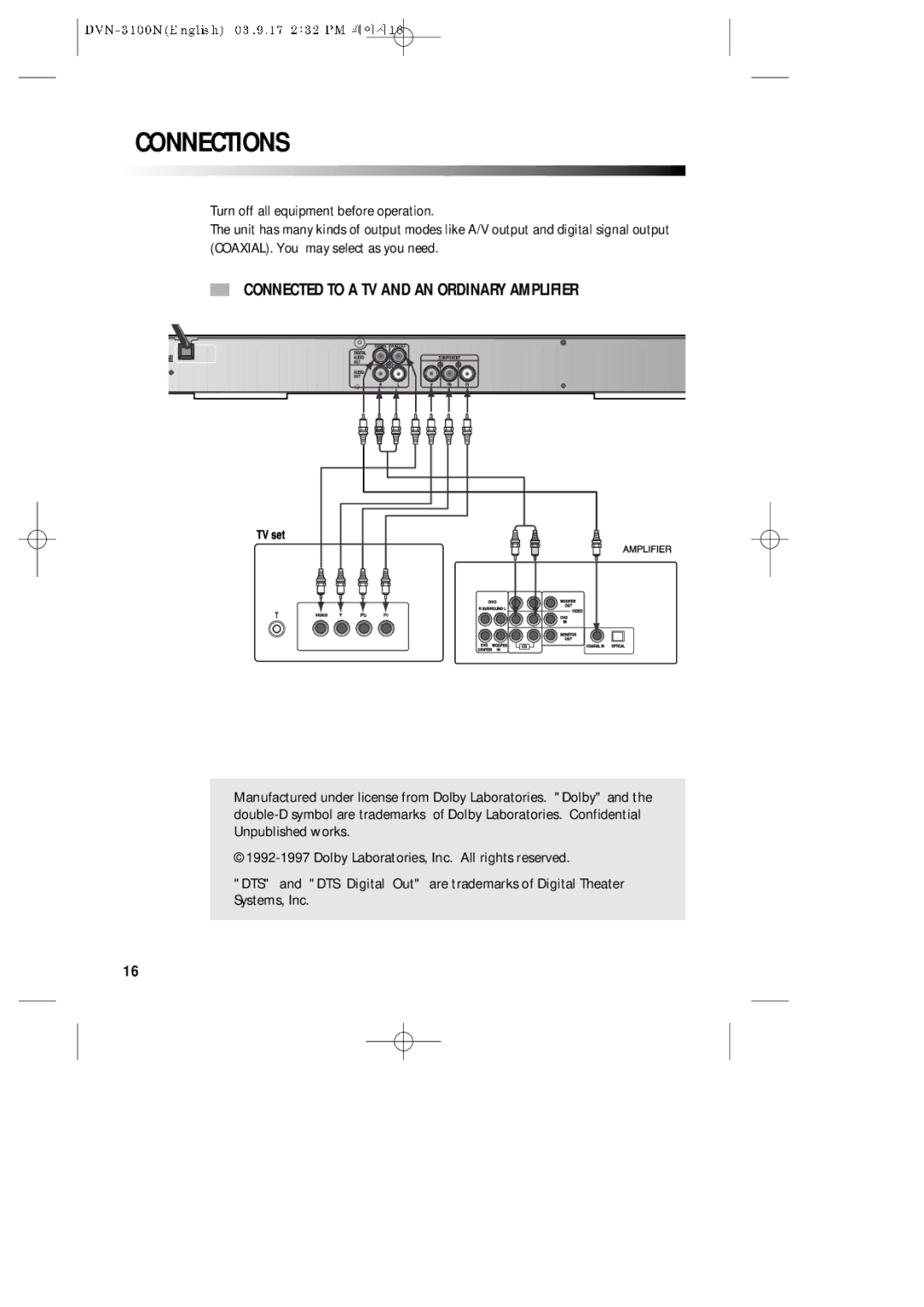 Daewoo DVN-3100N owner manual Connections, Connected to a TV and AN Ordinary Amplifier 