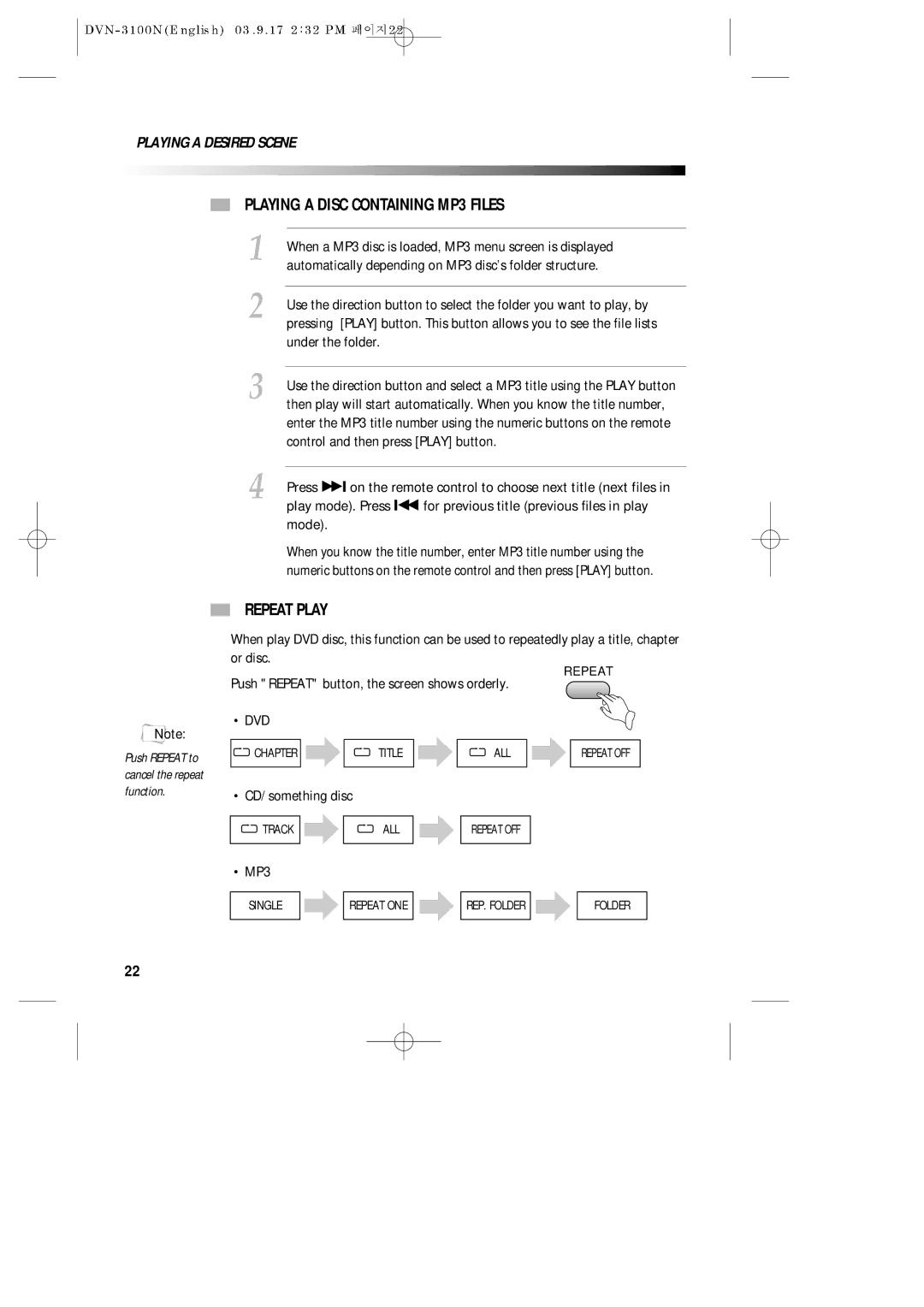 Daewoo DVN-3100N owner manual Playing a Disc Containing MP3 Files, Repeat Play 