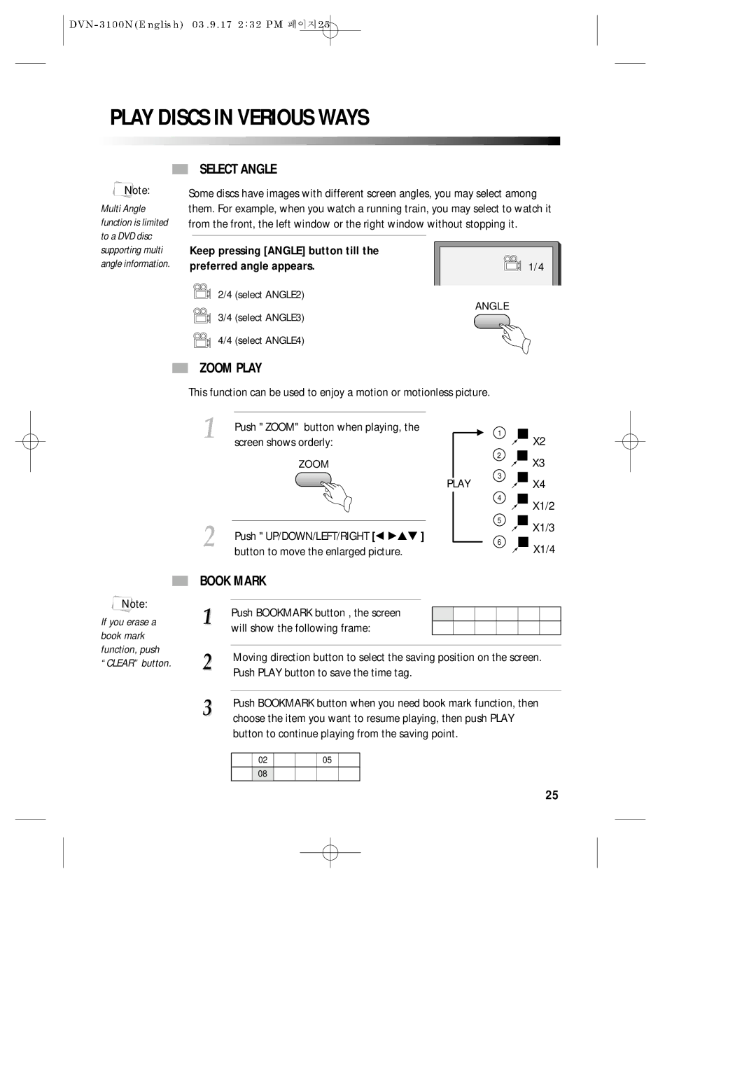 Daewoo DVN-3100N owner manual Play Discs in Verious Ways, Select Angle, Zoom Play, Book Mark 