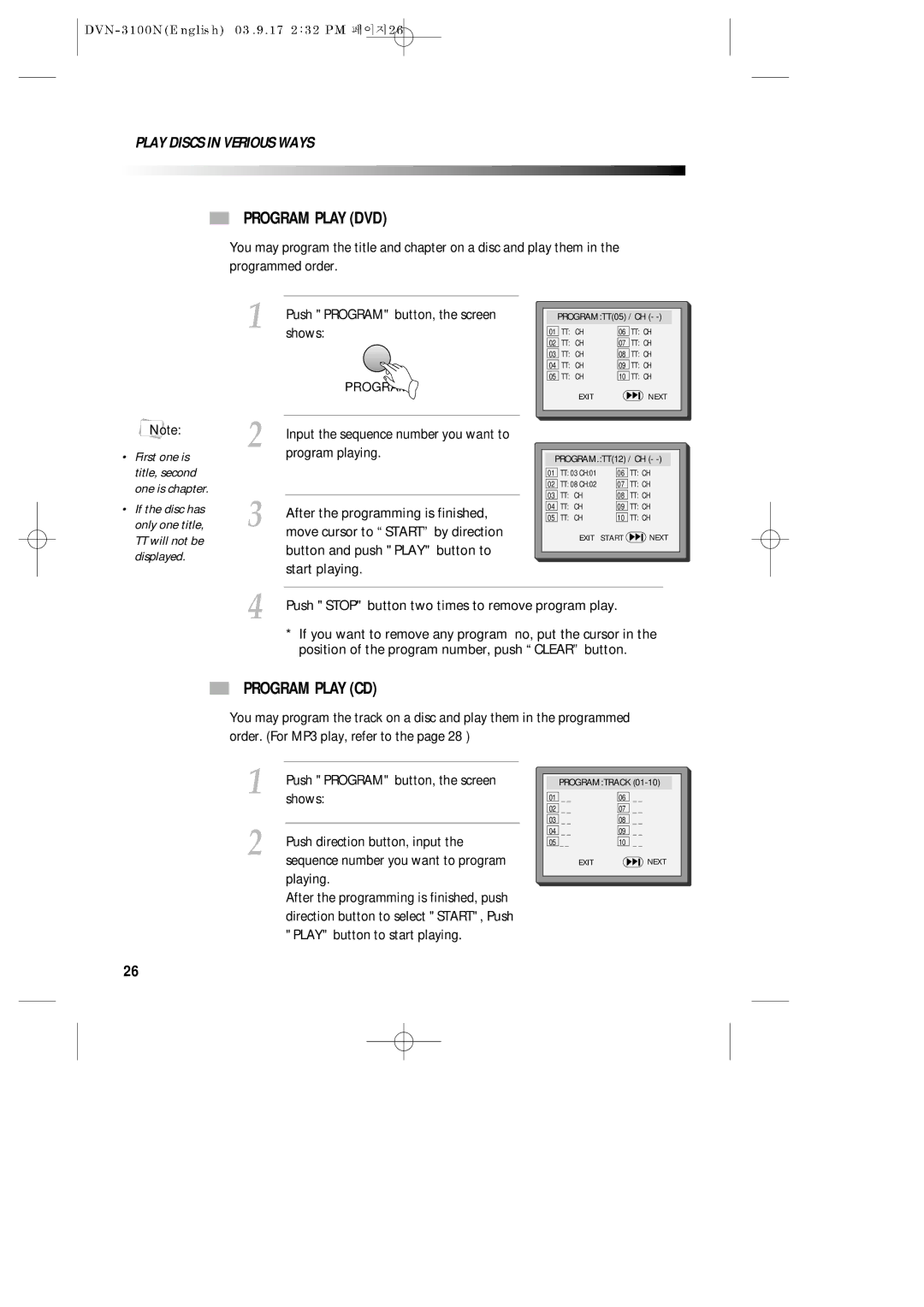 Daewoo DVN-3100N owner manual Program Play DVD, Program Play CD 