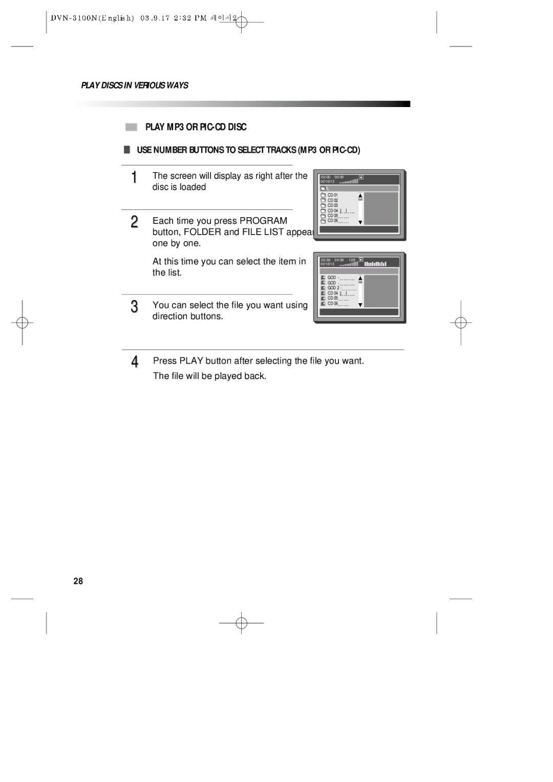 Daewoo DVN-3100N owner manual Play MP3 or PIC-CD Disc, USE Number Buttons to Select Tracks MP3 or PIC-CD 