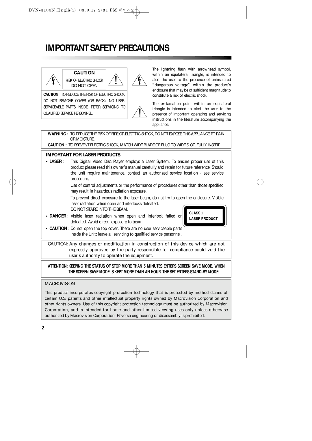 Daewoo DVN-3100N owner manual Important Safety Precautions, Important for Laser Products 