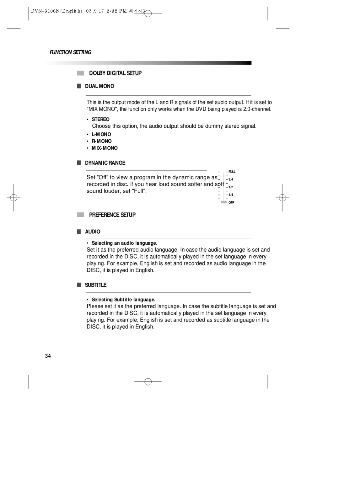 Daewoo DVN-3100N owner manual Dolby Digital Setup, Preference Setup 