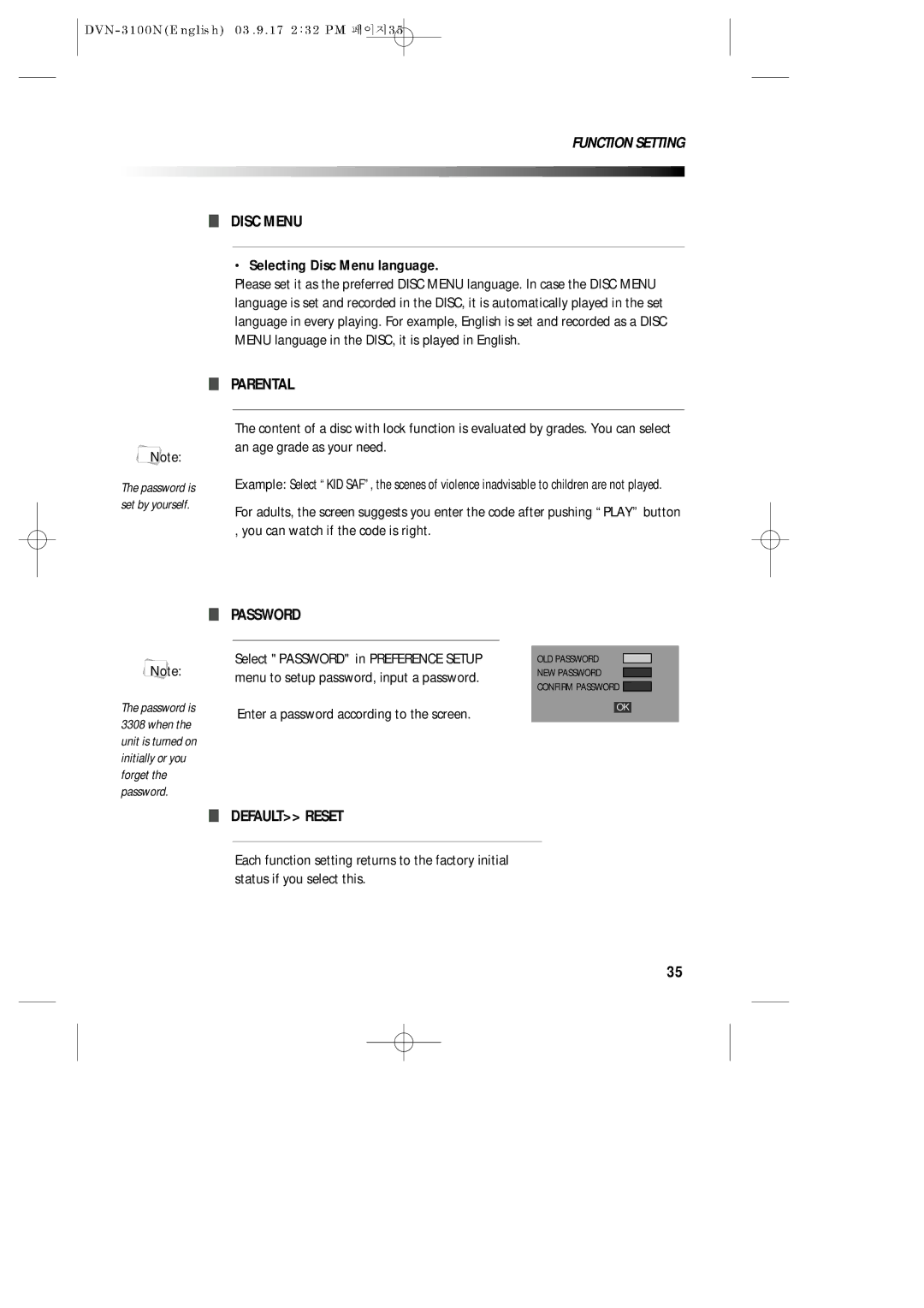 Daewoo DVN-3100N owner manual Parental, Password, Default Reset, Selecting Disc Menu language 