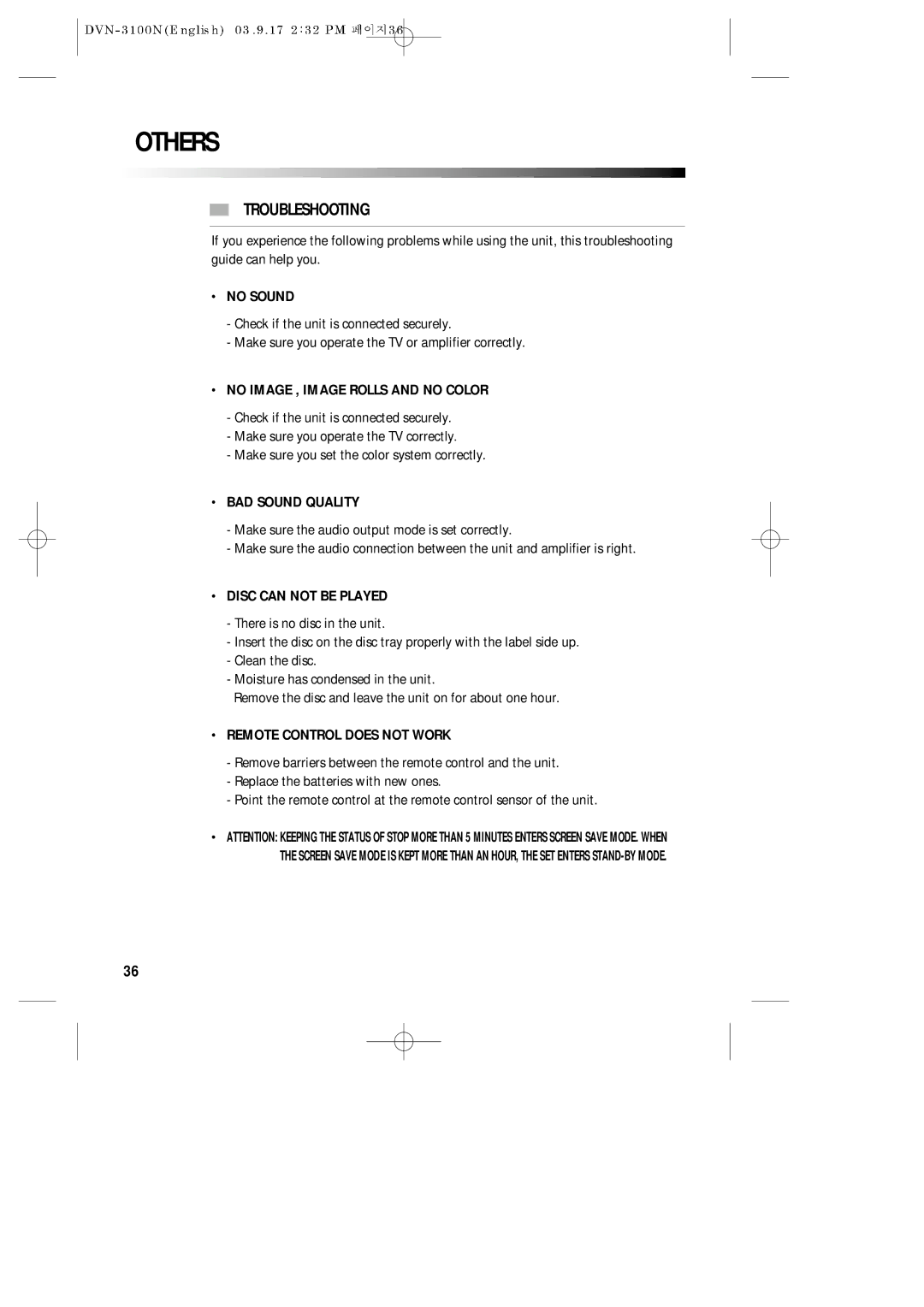 Daewoo DVN-3100N owner manual Others, Troubleshooting 