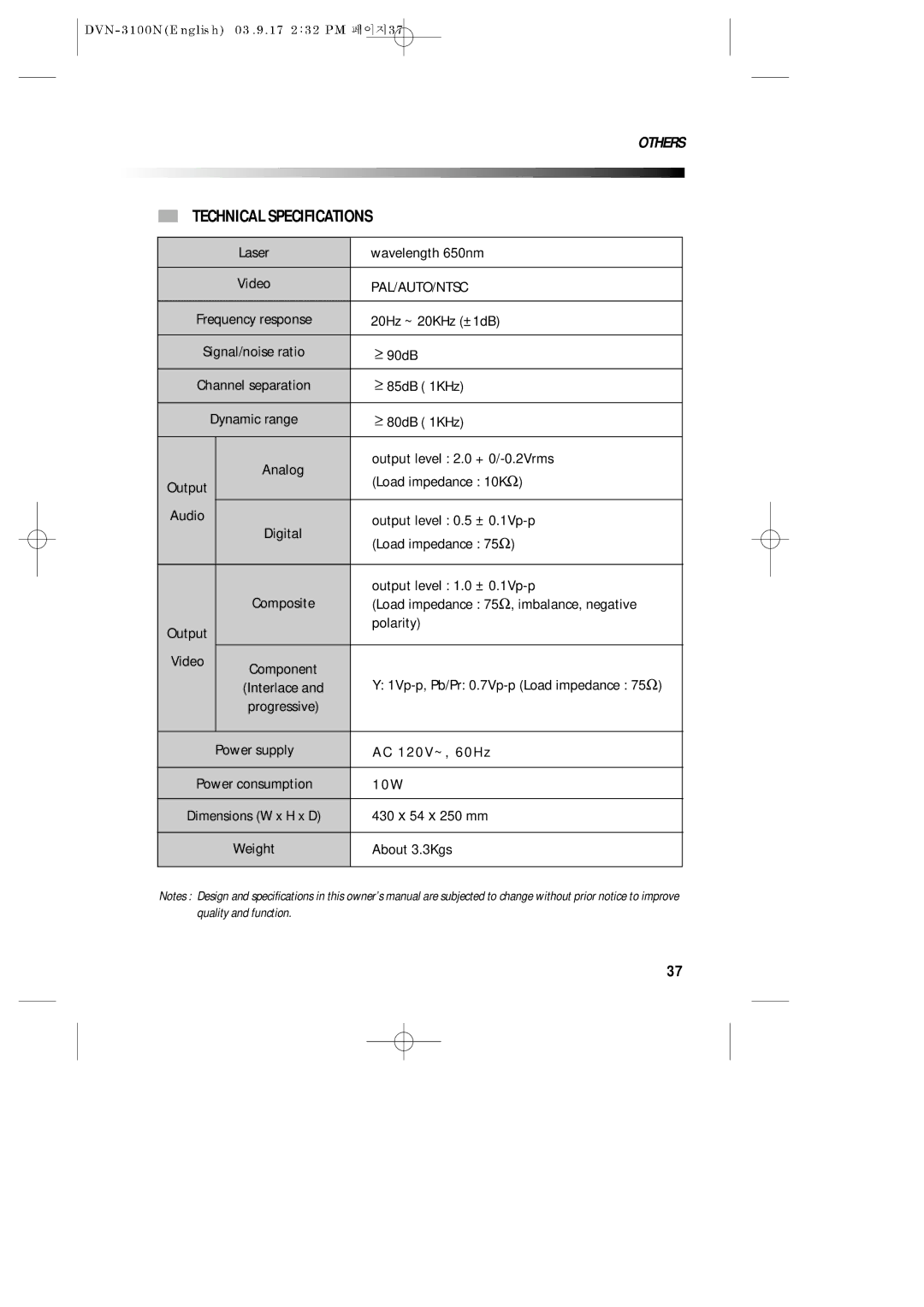 Daewoo DVN-3100N owner manual Technical Specifications 