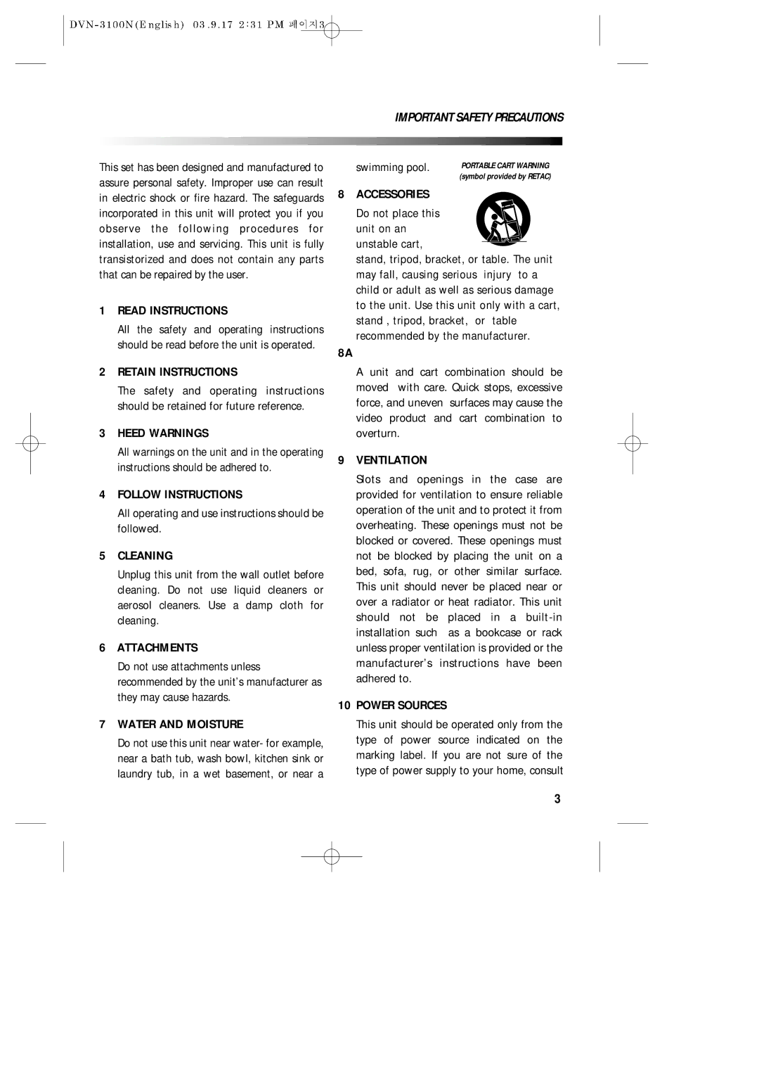 Daewoo DVN-3100N Read Instructions, Retain Instructions, Heed Warnings, Follow Instructions, Cleaning, Attachments 