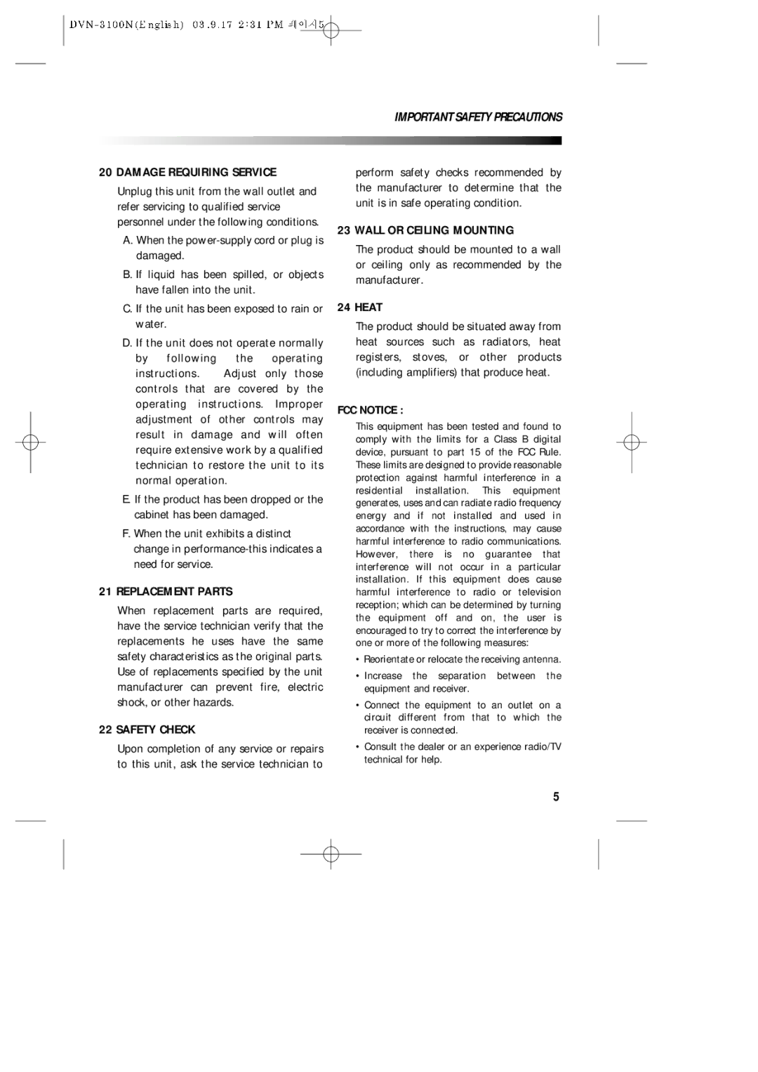 Daewoo DVN-3100N owner manual Damage Requiring Service, Replacement Parts, Safety Check, Wall or Ceiling Mounting, Heat 