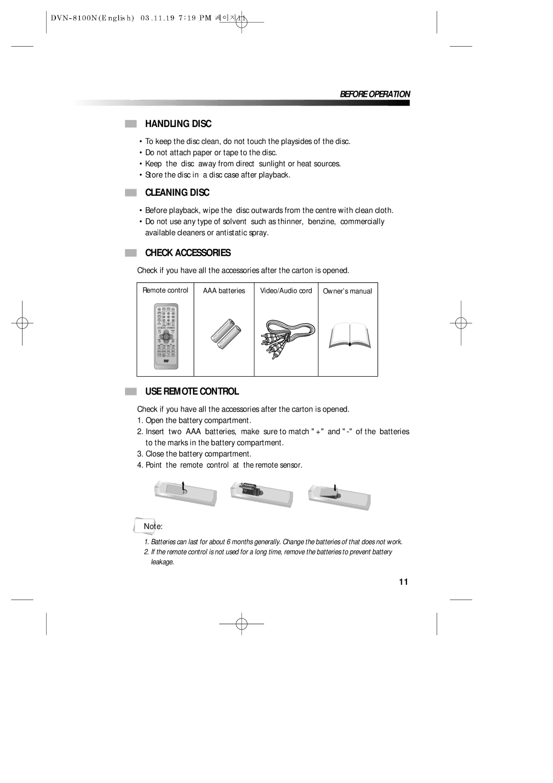 Daewoo DVN-8100N owner manual Handling Disc, Cleaning Disc, Check Accessories, USE Remote Control 