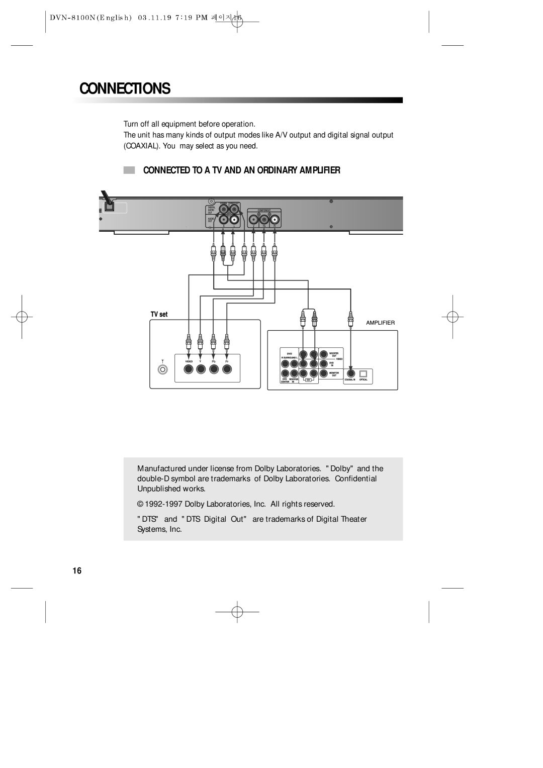 Daewoo DVN-8100N owner manual Connections, Connected to a TV and AN Ordinary Amplifier 