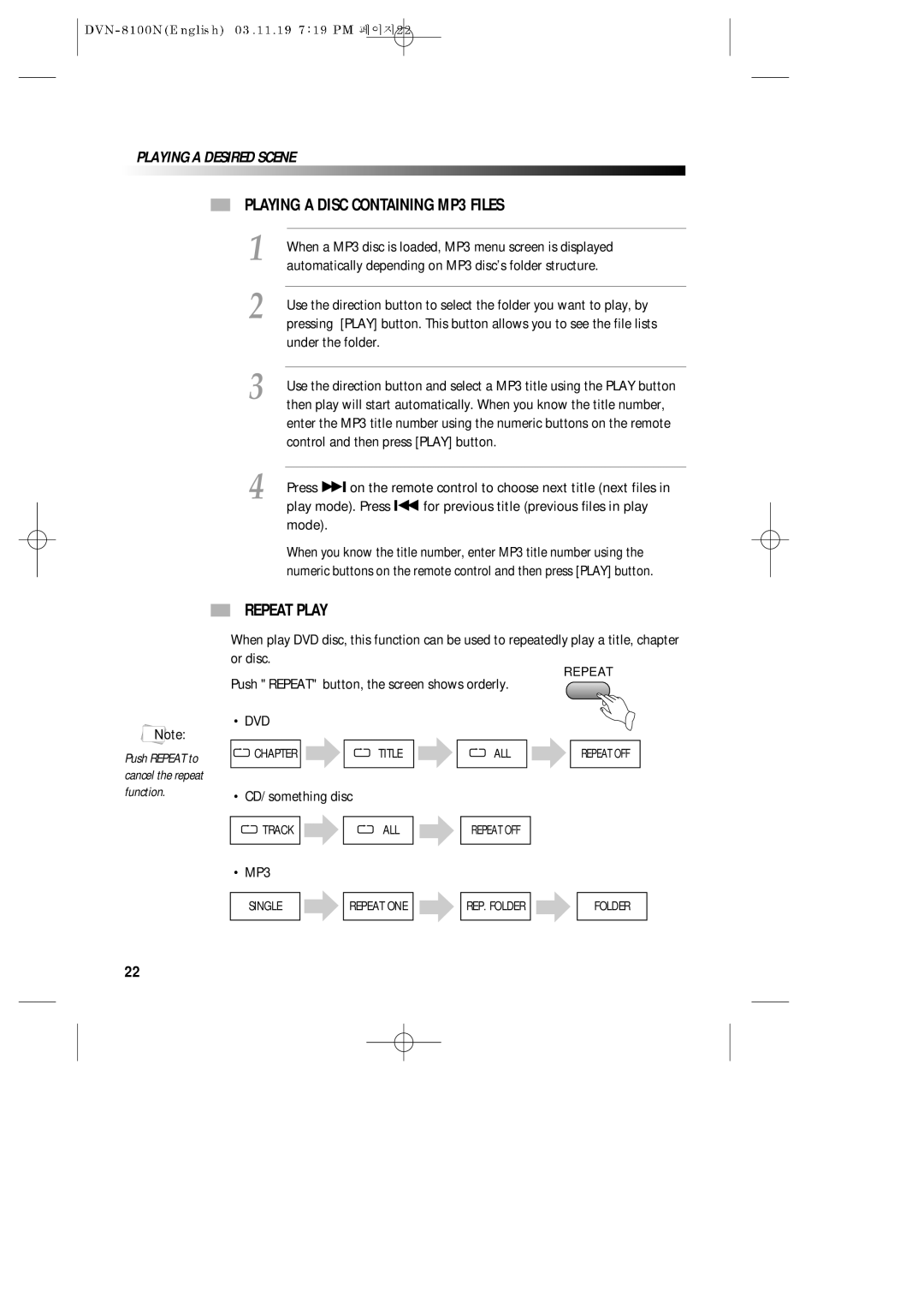 Daewoo DVN-8100N owner manual Playing a Disc Containing MP3 Files, Repeat Play 