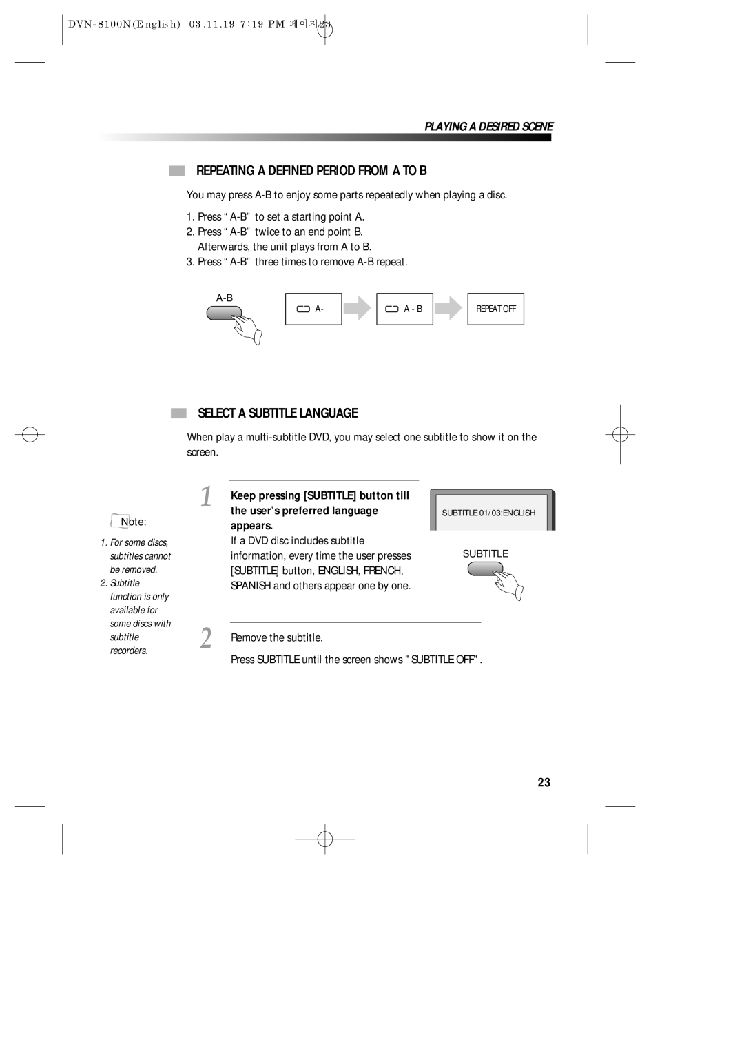 Daewoo DVN-8100N Repeating a Defined Period from a to B, Select a Subtitle Language, User’s preferred language, Appears 