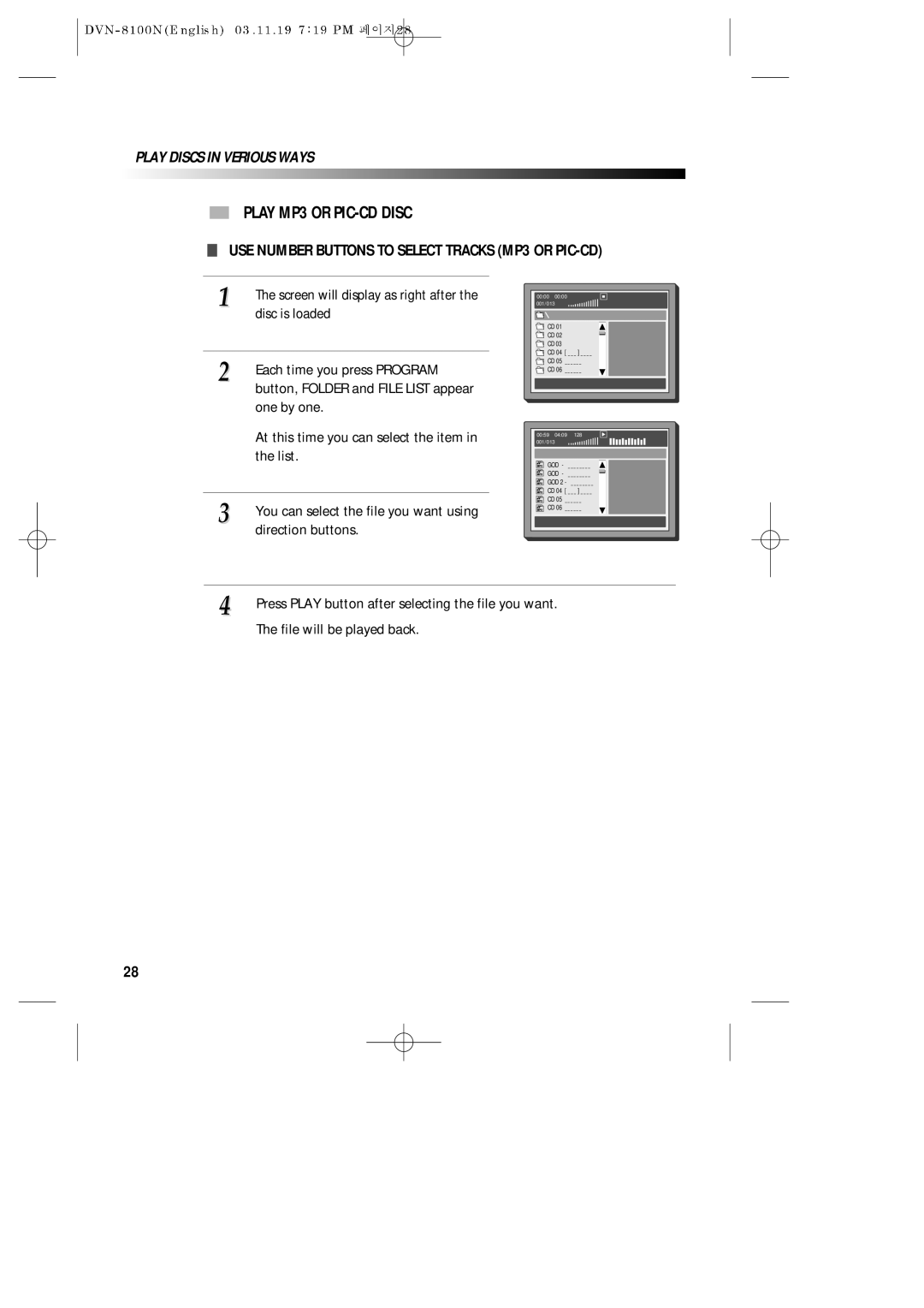 Daewoo DVN-8100N owner manual Play MP3 or PIC-CD Disc, USE Number Buttons to Select Tracks MP3 or PIC-CD 