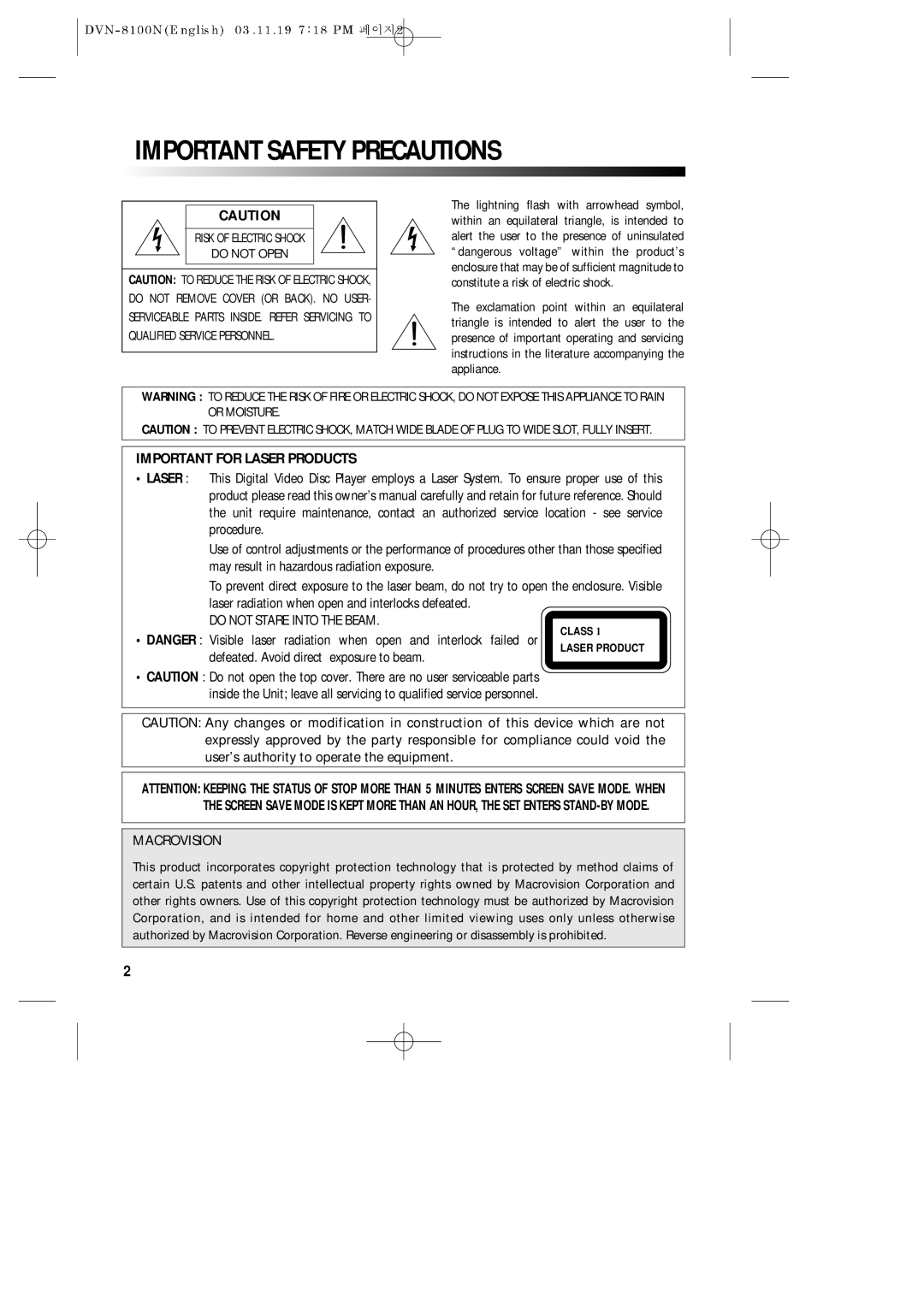 Daewoo DVN-8100N owner manual Important Safety Precautions, Important for Laser Products 