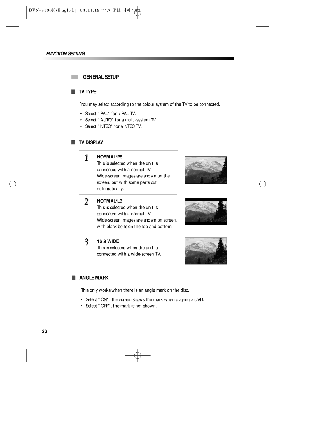 Daewoo DVN-8100N owner manual General Setup, TV Type, TV Display, Angle Mark 