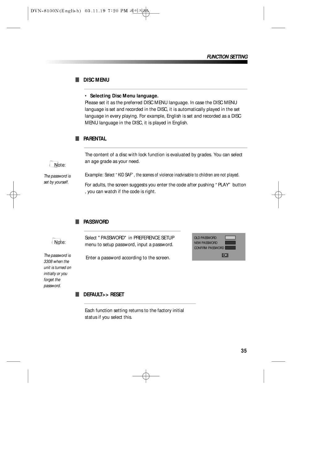 Daewoo DVN-8100N owner manual Parental, Password, Default Reset, Selecting Disc Menu language 