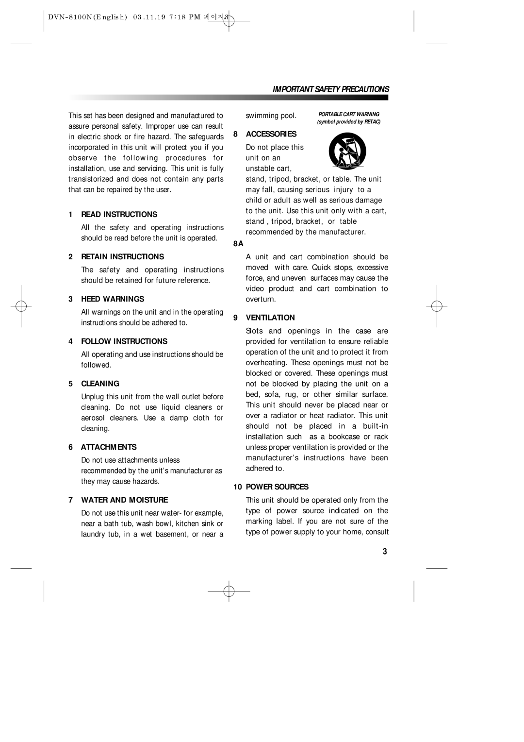 Daewoo DVN-8100N Read Instructions, Retain Instructions, Heed Warnings, Follow Instructions, Cleaning, Attachments 