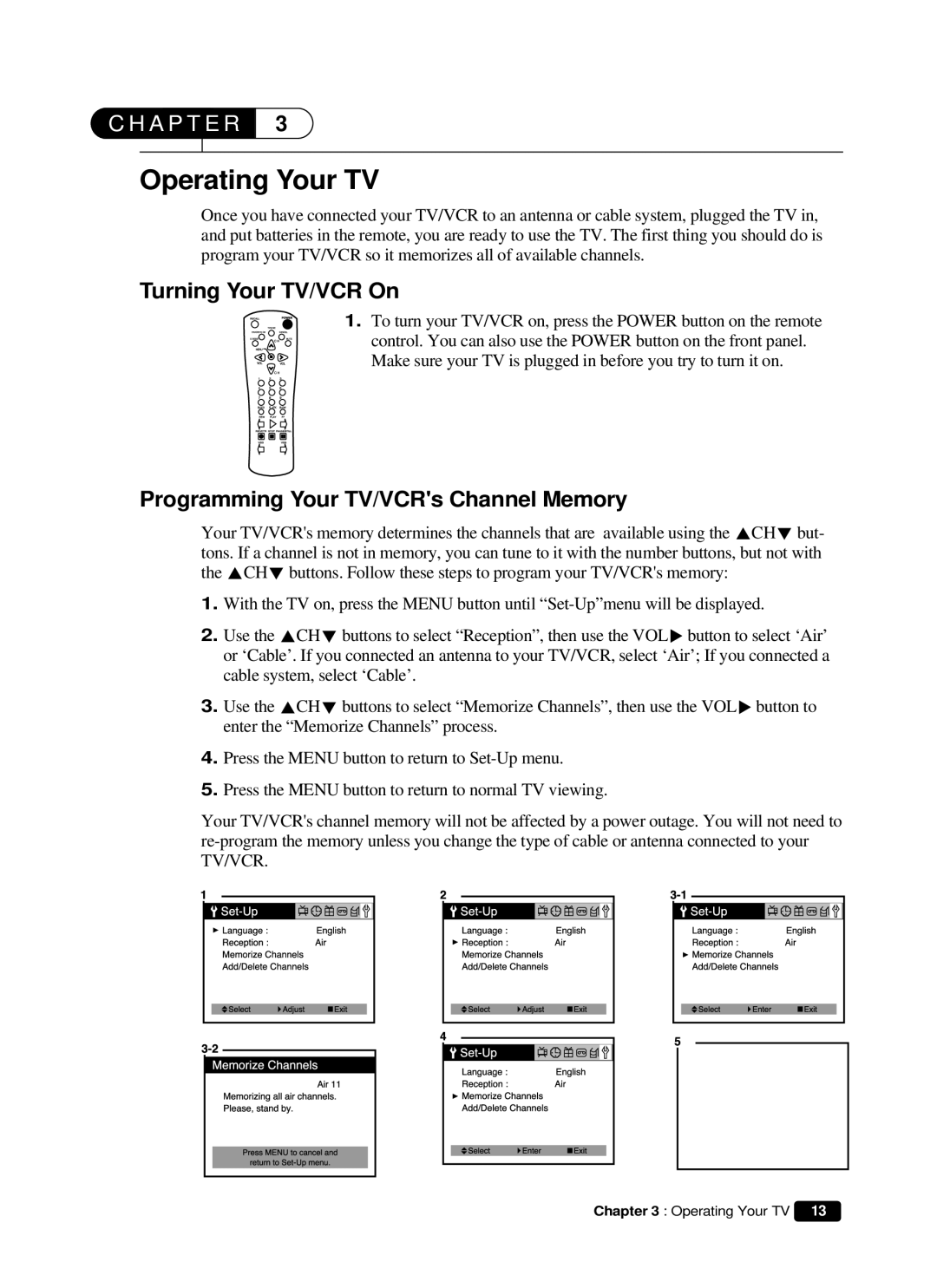 Daewoo DVQ 14H1FC instruction manual Operating Your TV, Turning Your TV/VCR On, Programming Your TV/VCRs Channel Memory 