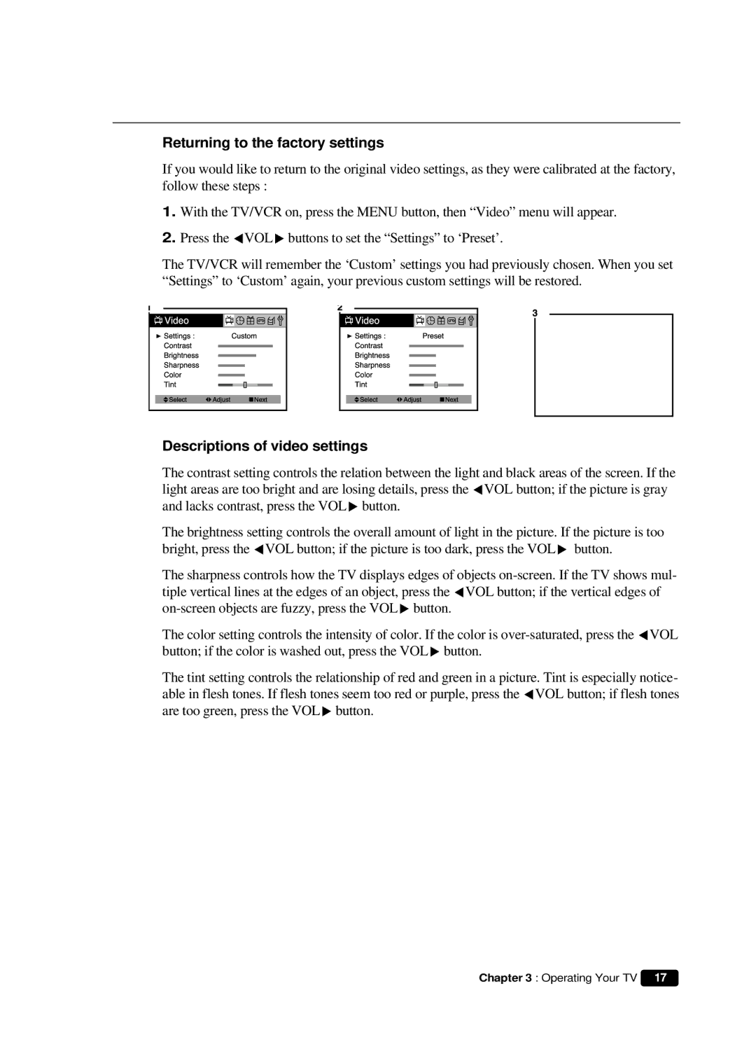 Daewoo DVQ 14H1FC instruction manual Returning to the factory settings, Descriptions of video settings 