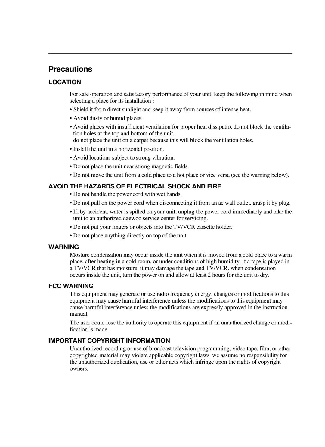 Daewoo DVQ 14H1FC instruction manual Precautions, Location 