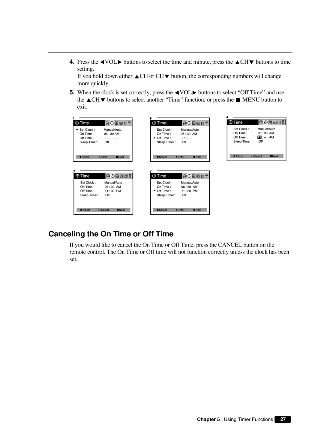 Daewoo DVQ 14H1FC instruction manual Canceling the On Time or Off Time 