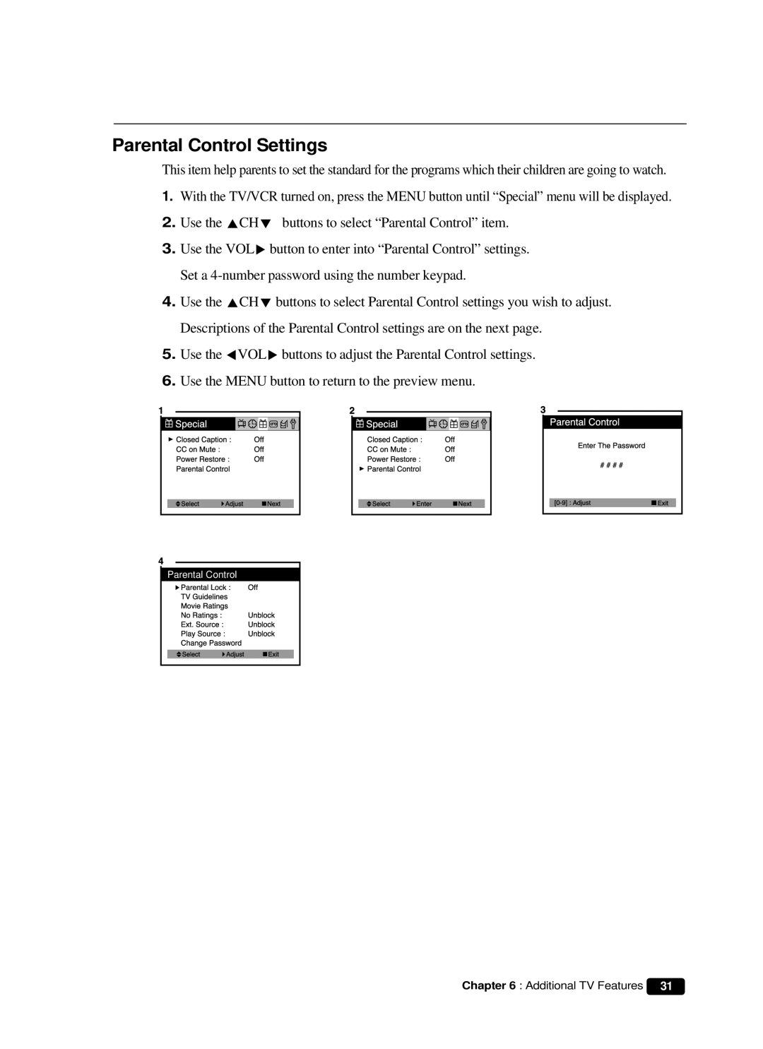 Daewoo DVQ 14H1FC instruction manual Parental Control Settings 