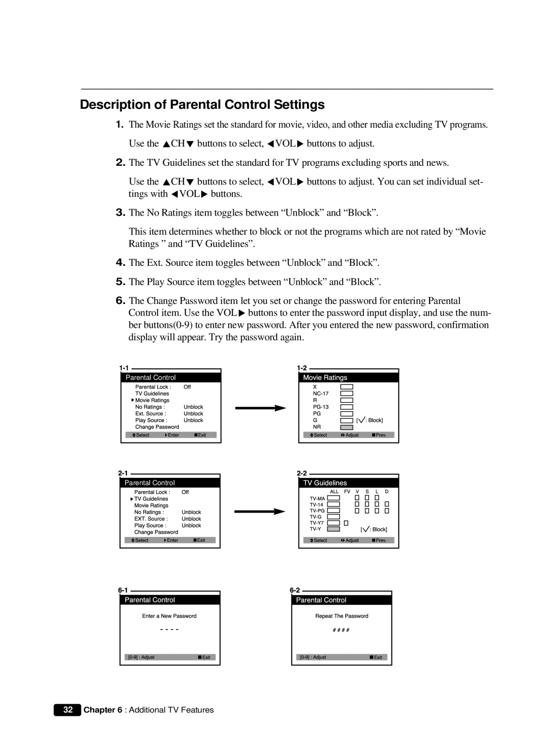 Daewoo DVQ 14H1FC instruction manual Description of Parental Control Settings 