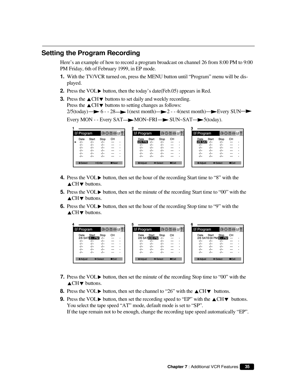 Daewoo DVQ 14H1FC instruction manual Setting the Program Recording, Mon~Fri Sun~Sat 