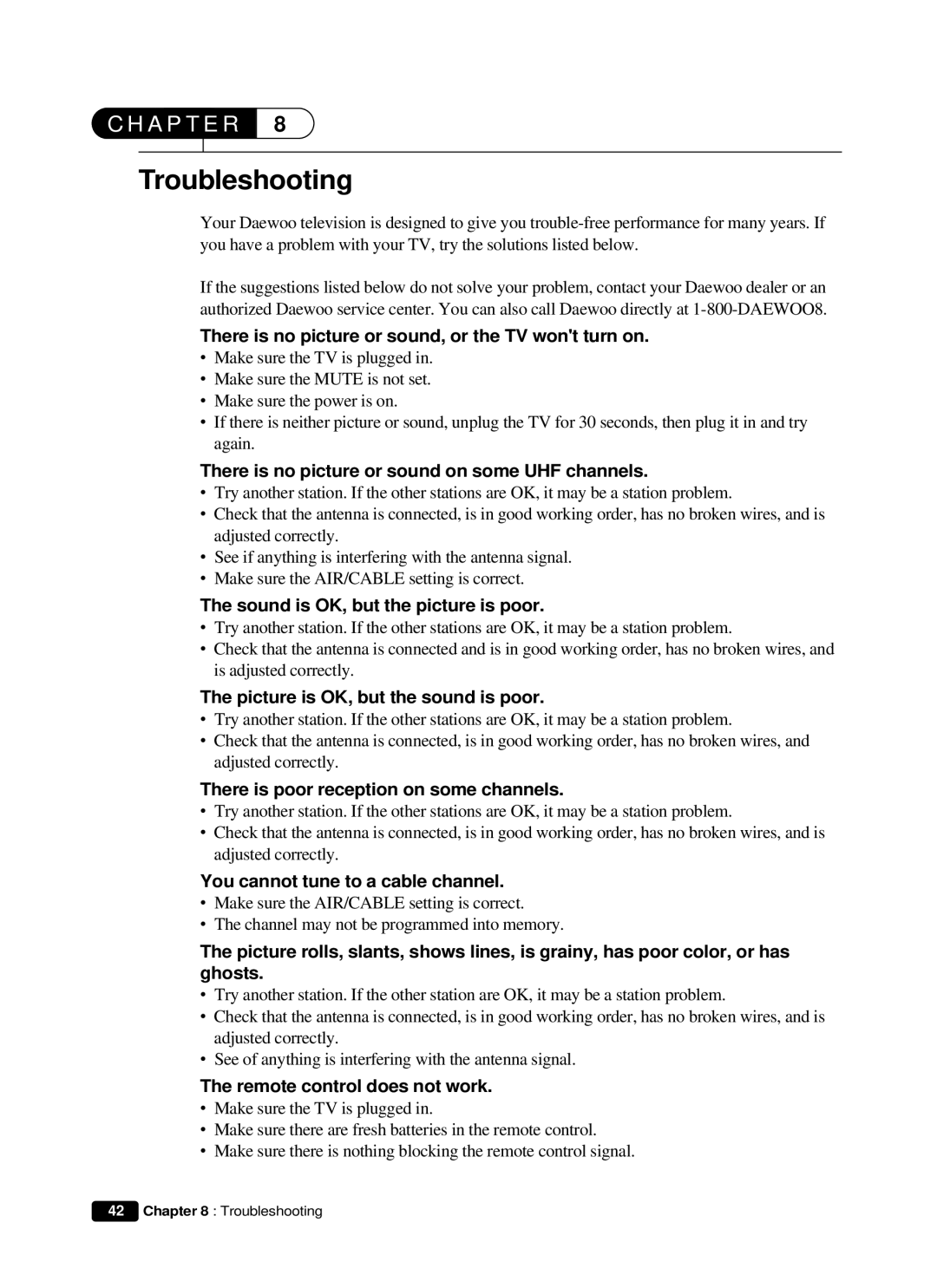 Daewoo DVQ 14H1FC instruction manual Troubleshooting 