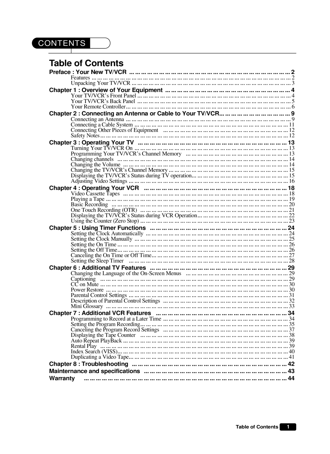 Daewoo DVQ 14H1FC instruction manual Table of Contents 