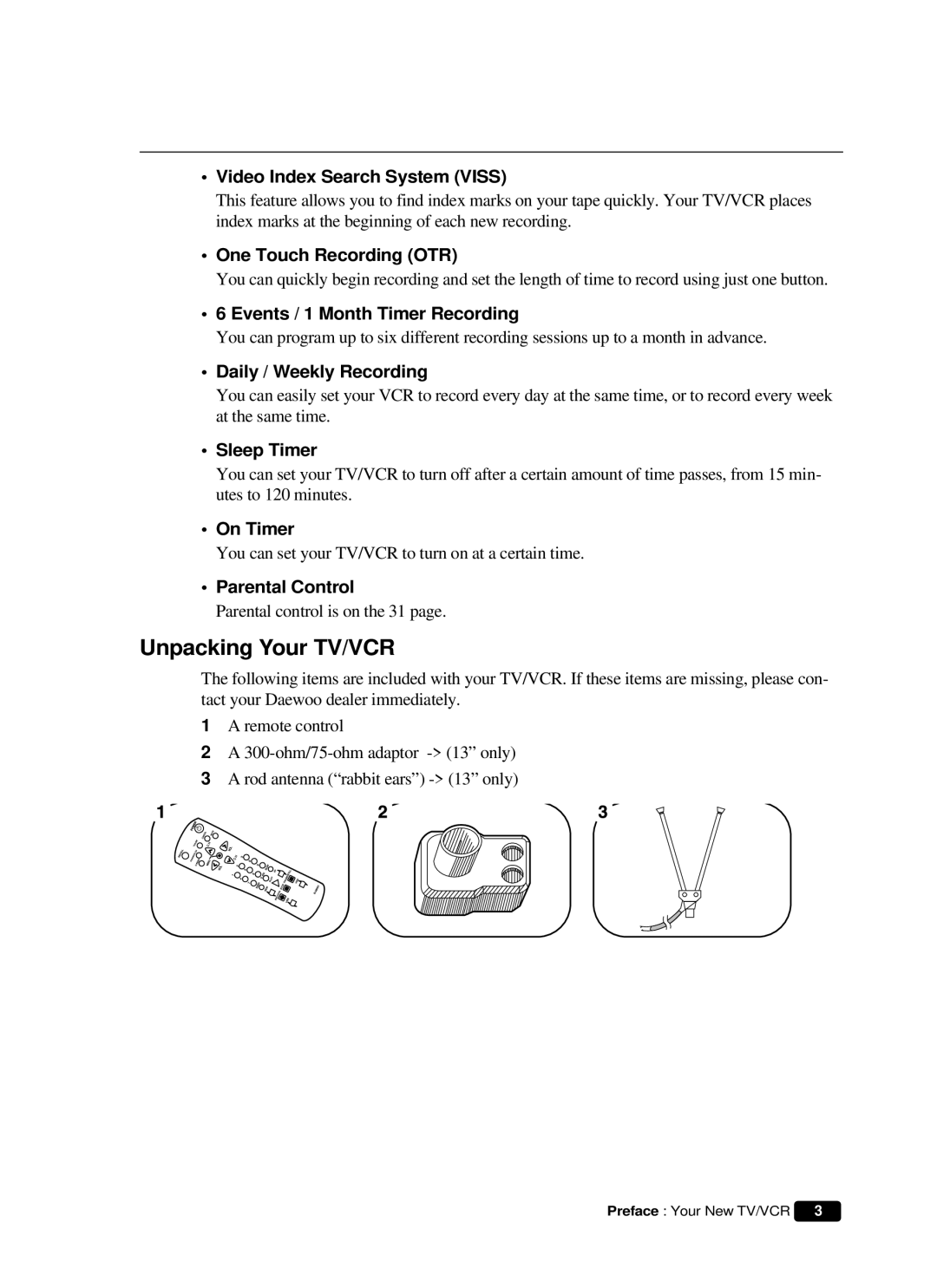 Daewoo DVQ 14H1FC instruction manual Unpacking Your TV/VCR 